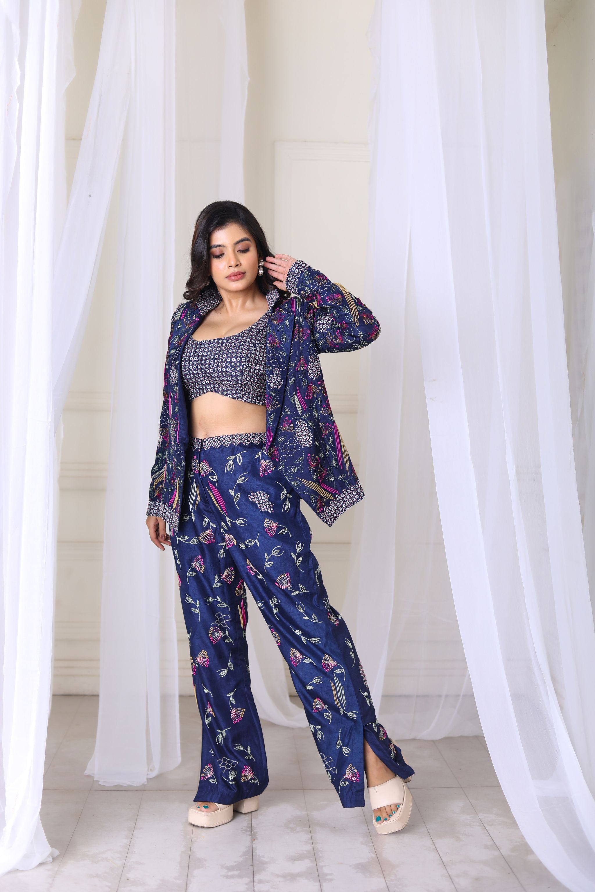 Hand Embroidered Navy Blue Blazer With Blouse & Pant