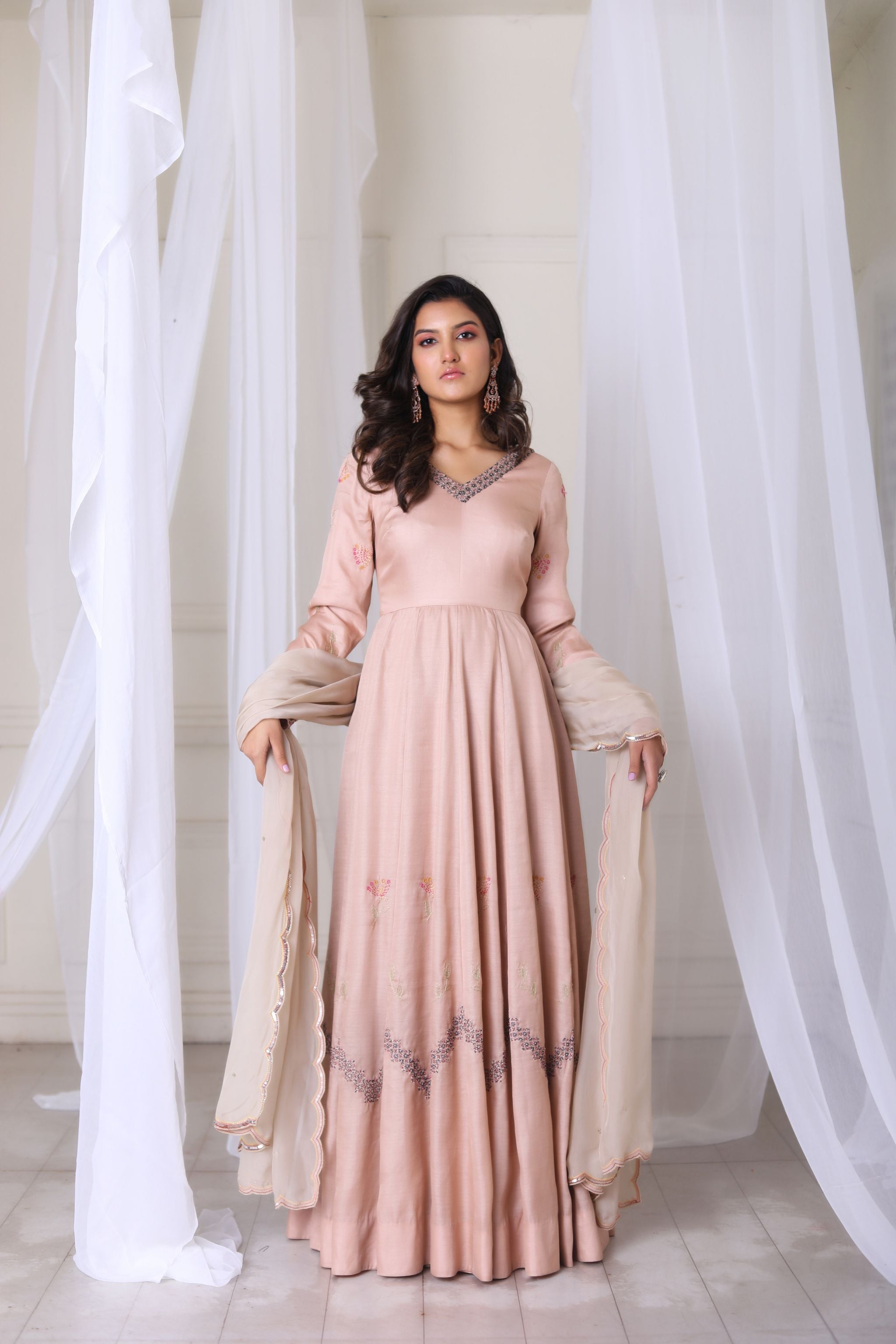 Peach Anarkali Kurta Set - Hand Embroidered