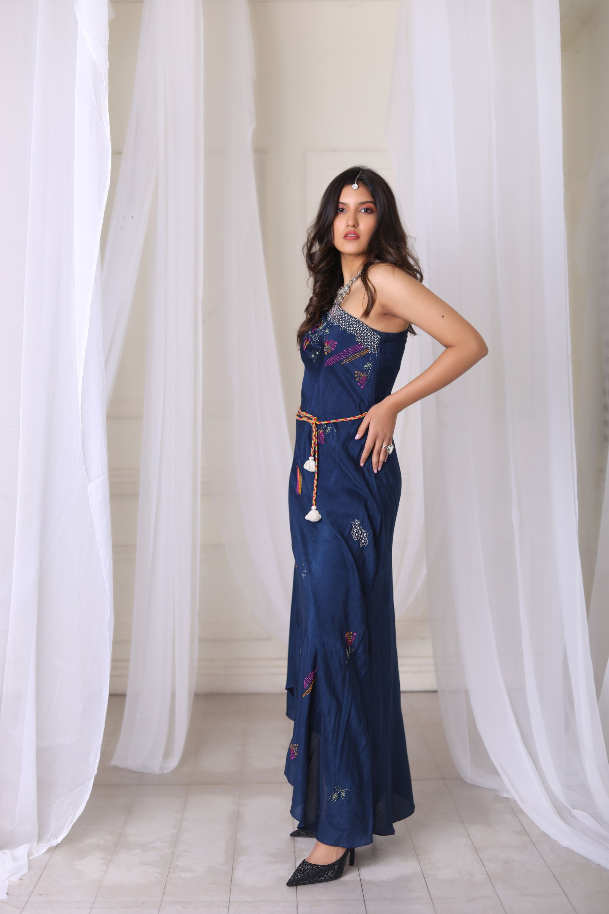 Navy Blue One Shoulder Ethnic Dress - Hand Embroidered