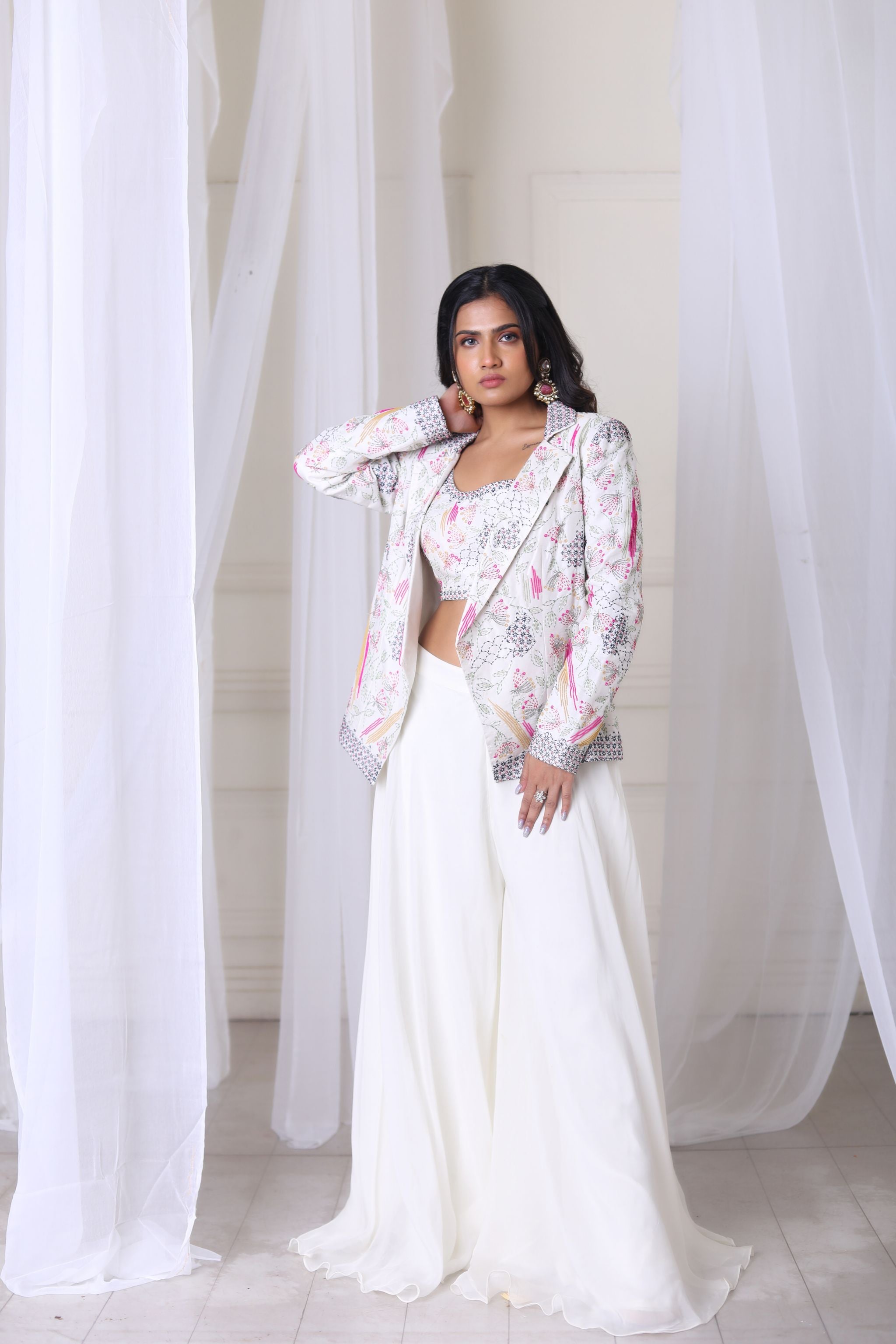 Hand Embroidered White Blazer With Blouse & Flared Pant