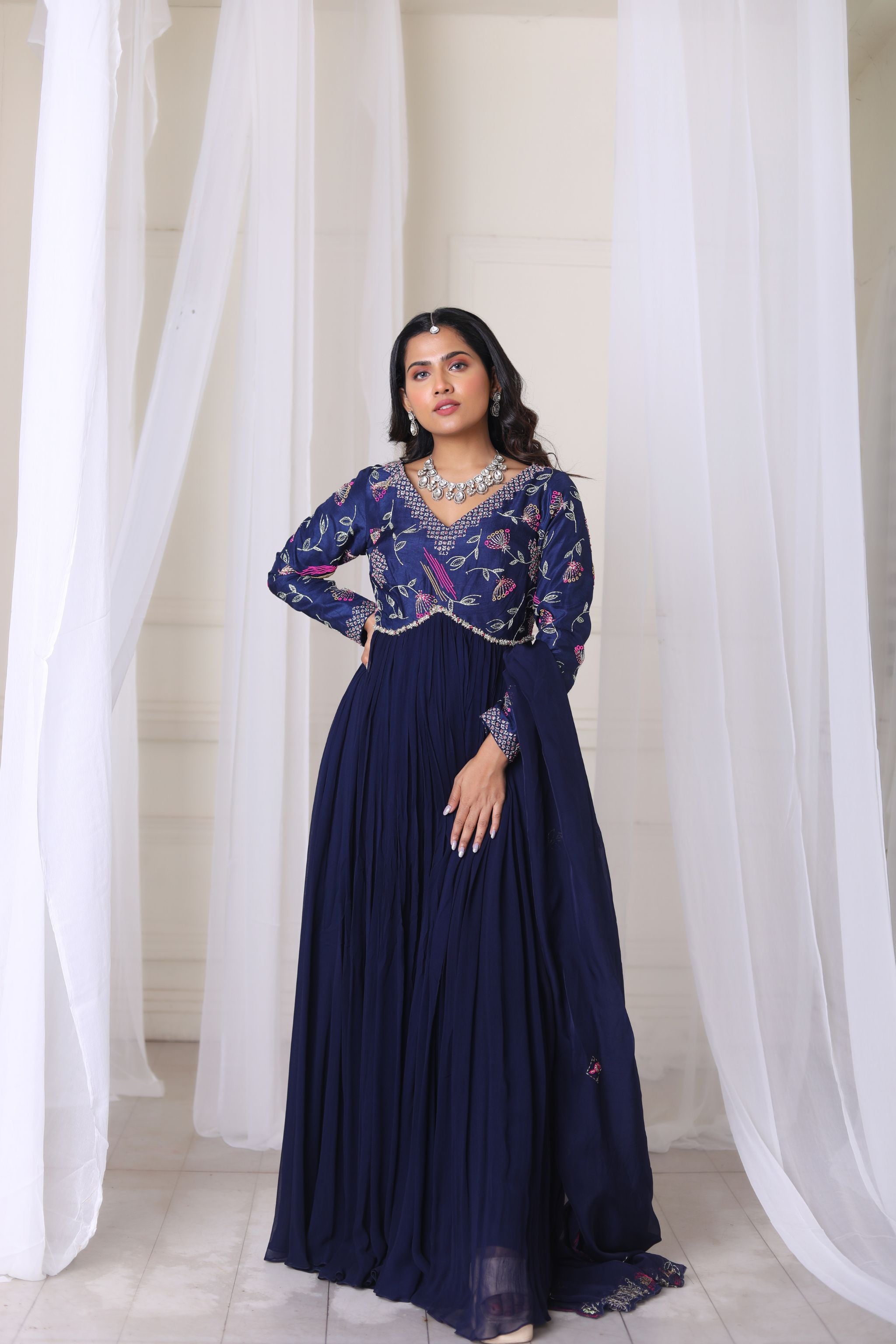 Hand Embroidered Navy Blue Anarkali With Duppatta