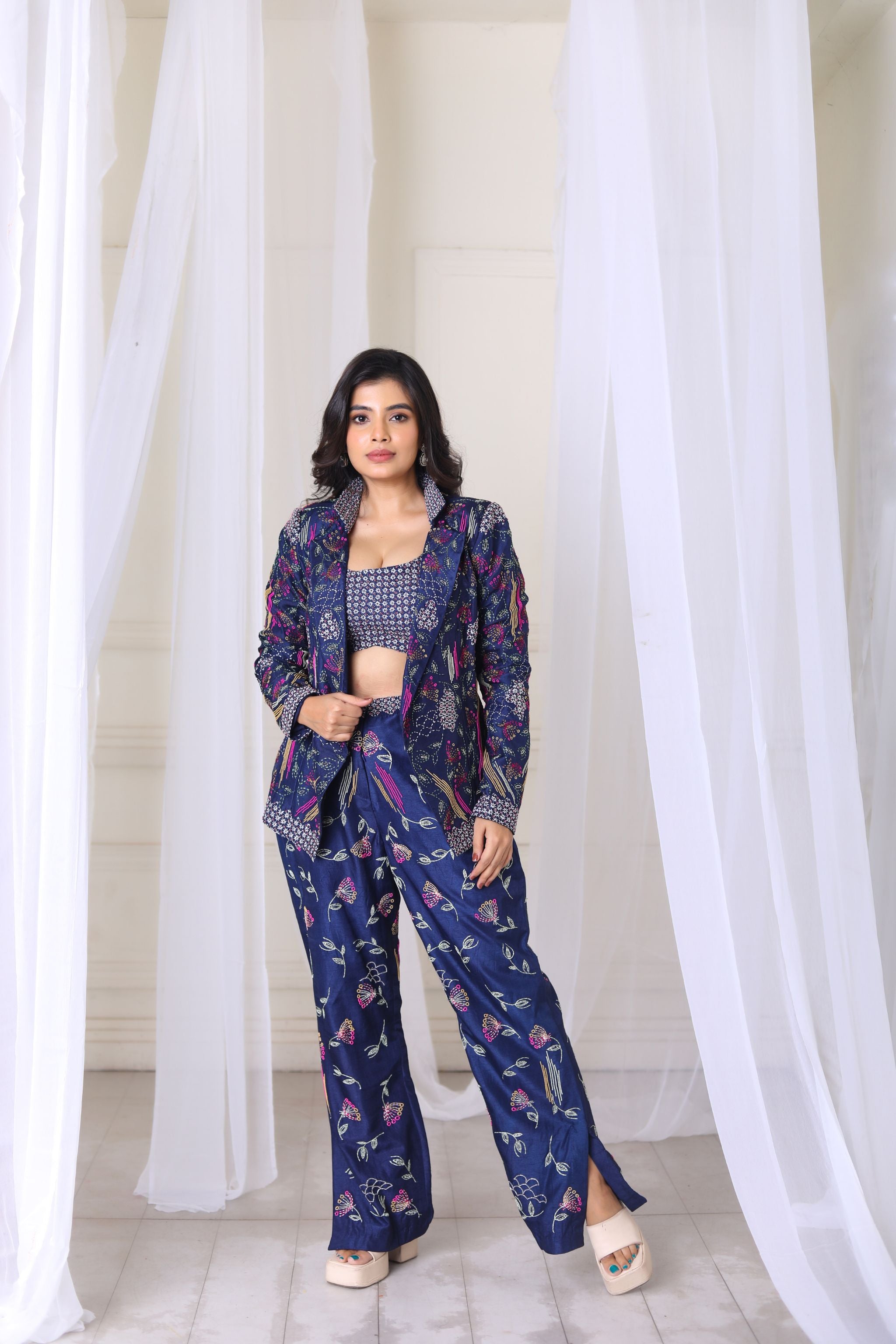 Hand Embroidered Navy Blue Blazer With Blouse & Pant