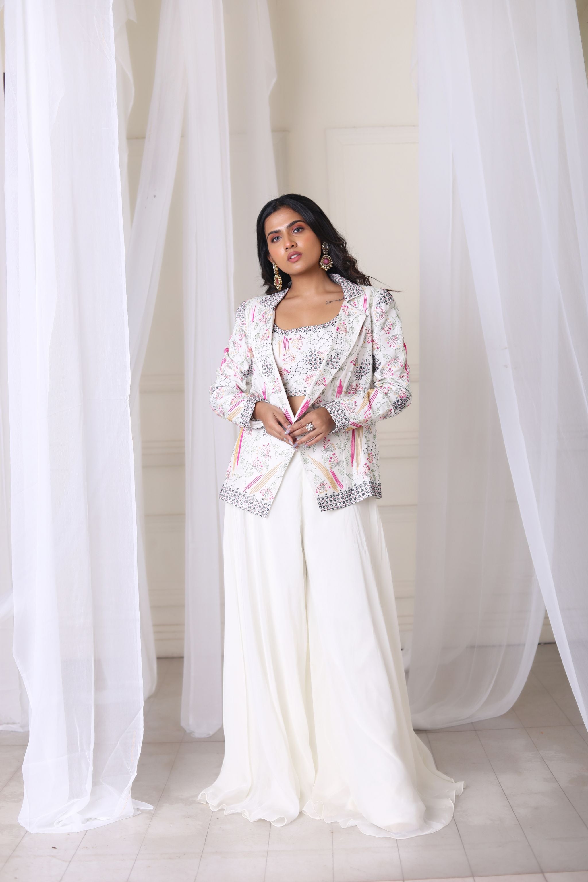 Hand Embroidered White Blazer With Blouse & Flared Pant