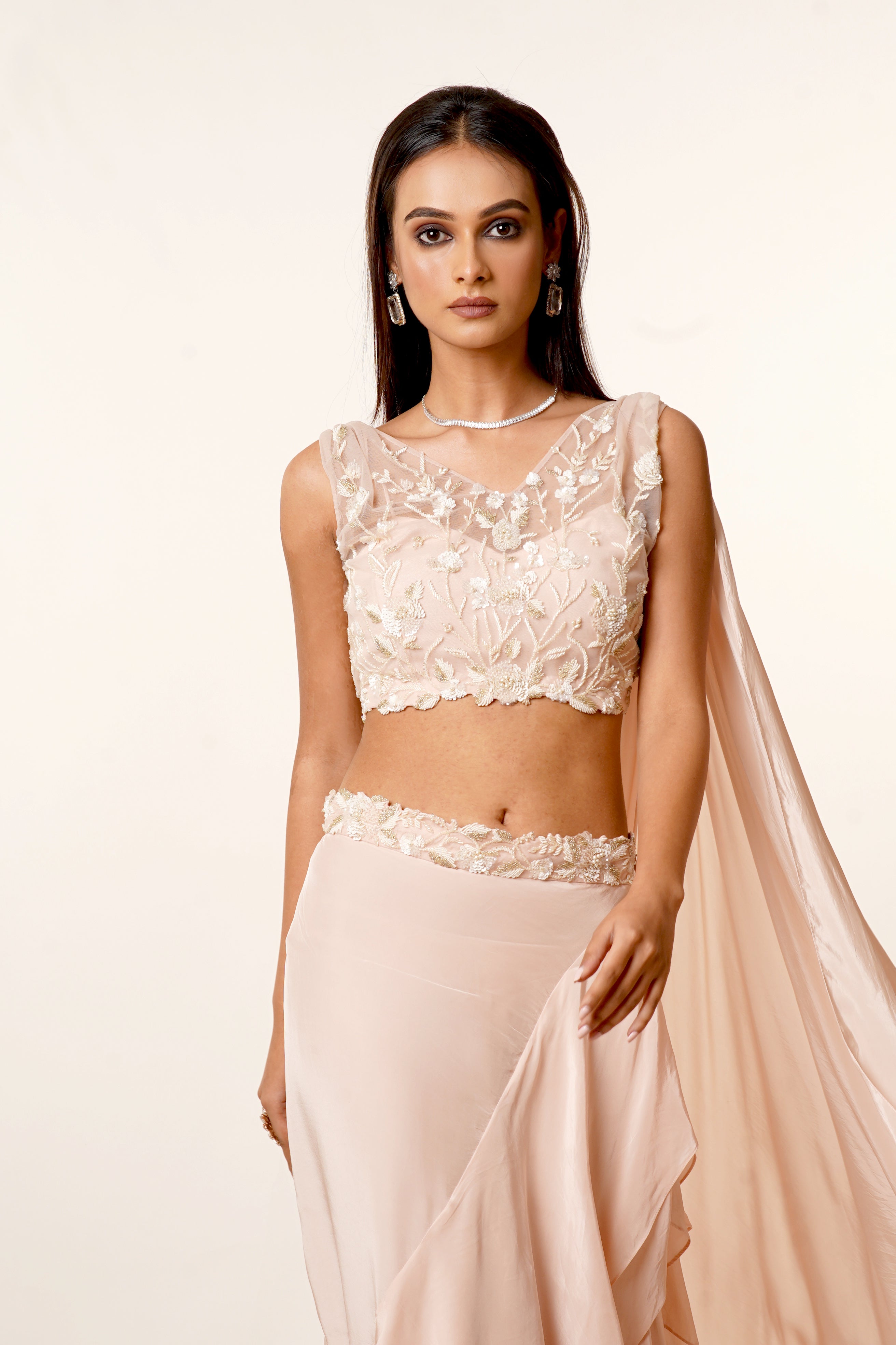 Elegant Blush Pink Drape Skirt Set Featuring Fine Hand Embroidery