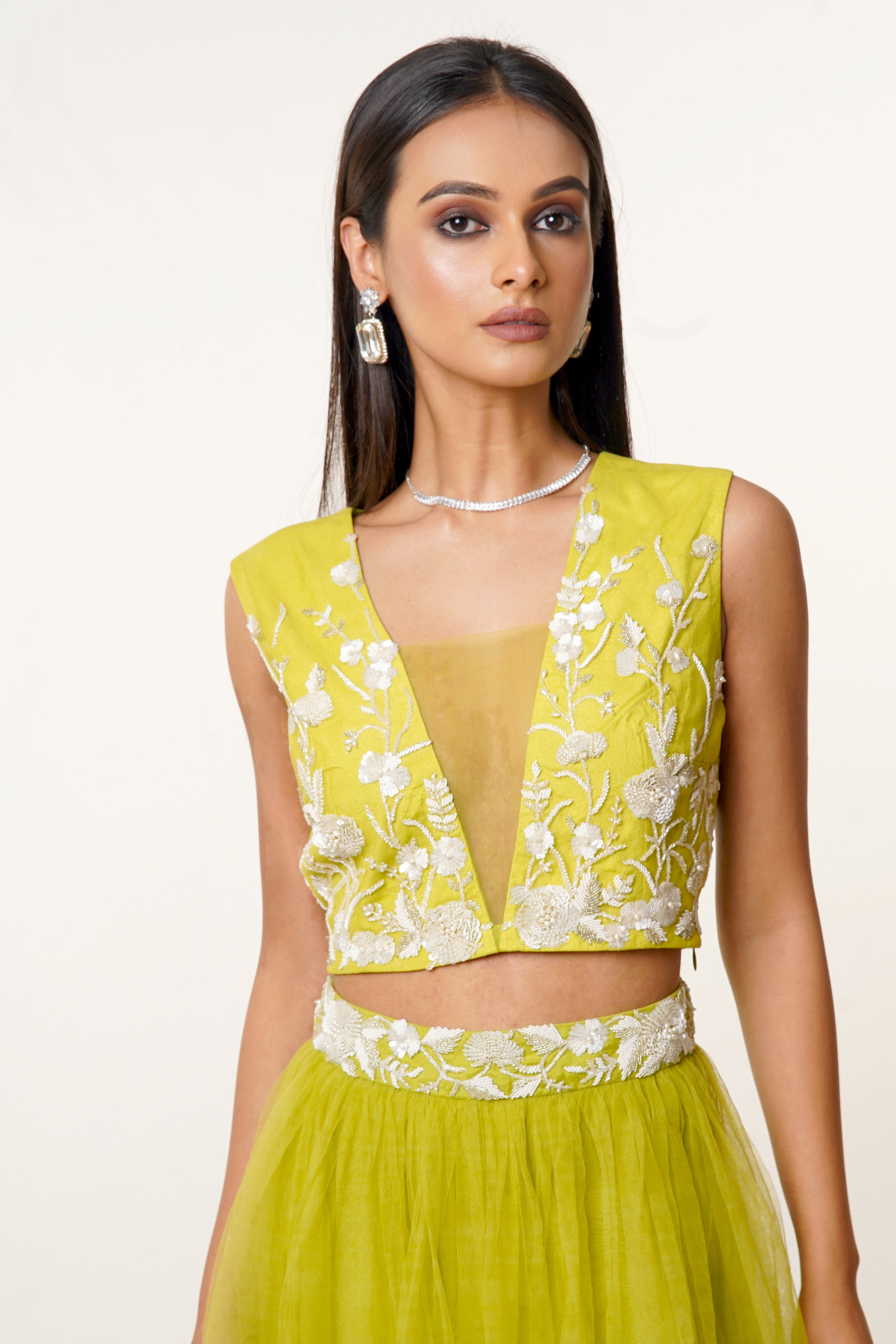 Lime Green Hand Embroidered Net Blouse Paired with Matching Net Skirt