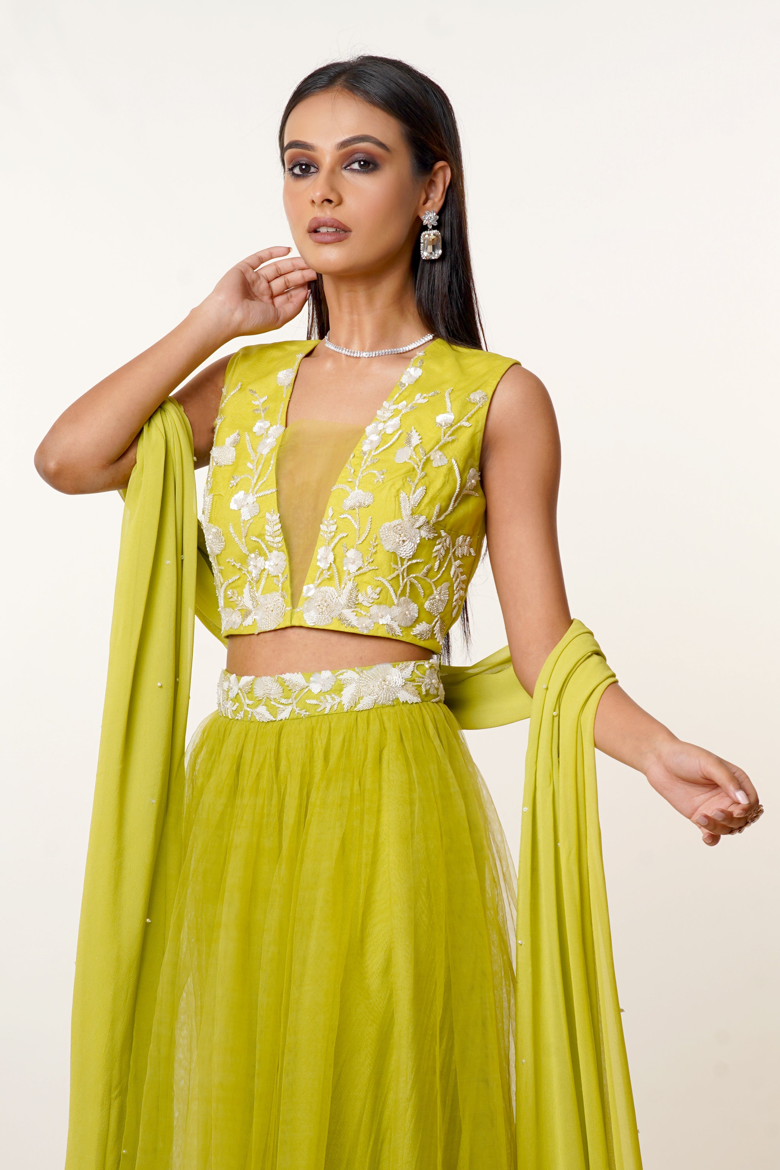 Lime Green Hand Embroidered Net Blouse Paired with Matching Net Skirt