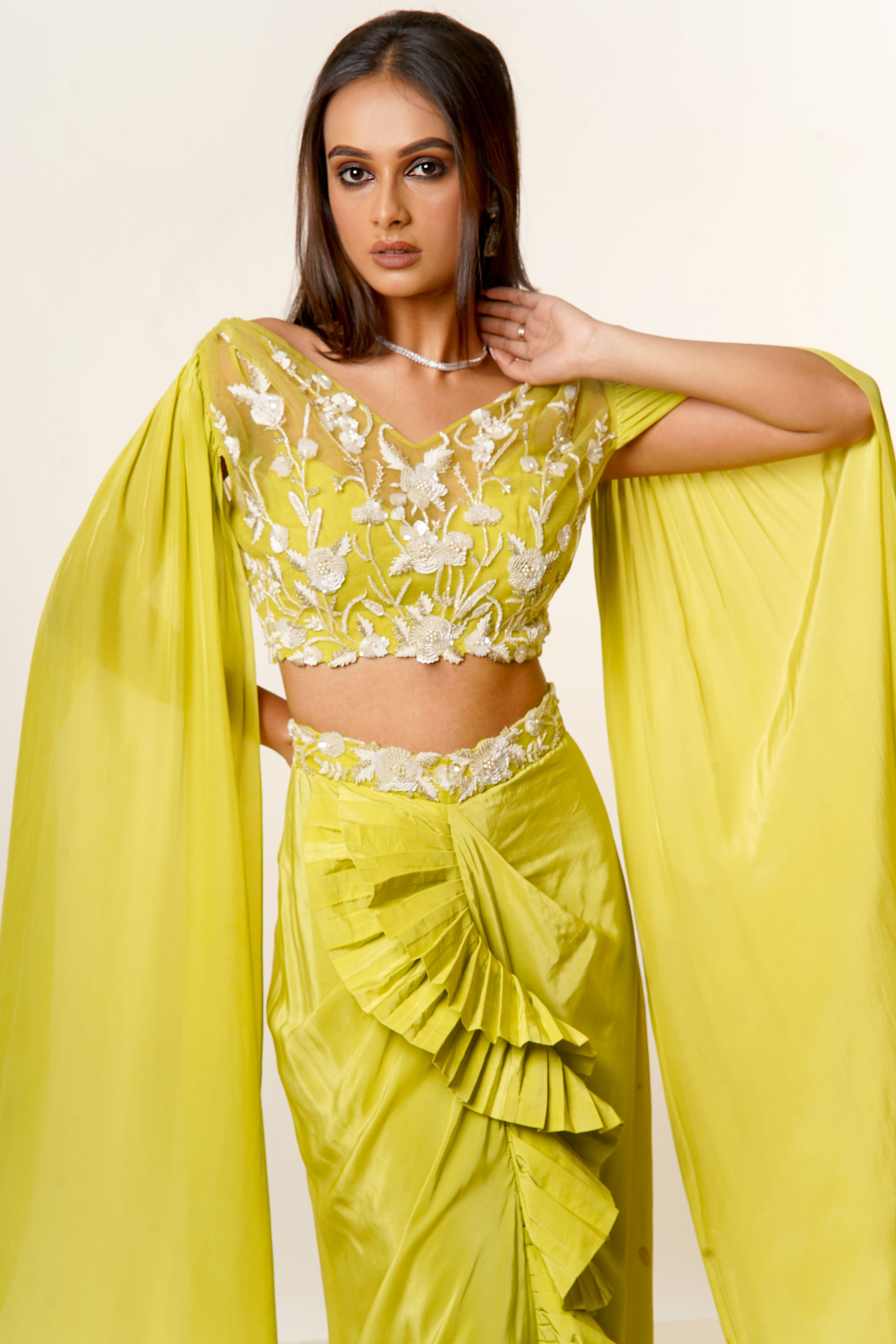 Lime Green Hand Embroidered Net Blouse with Long Sleeves