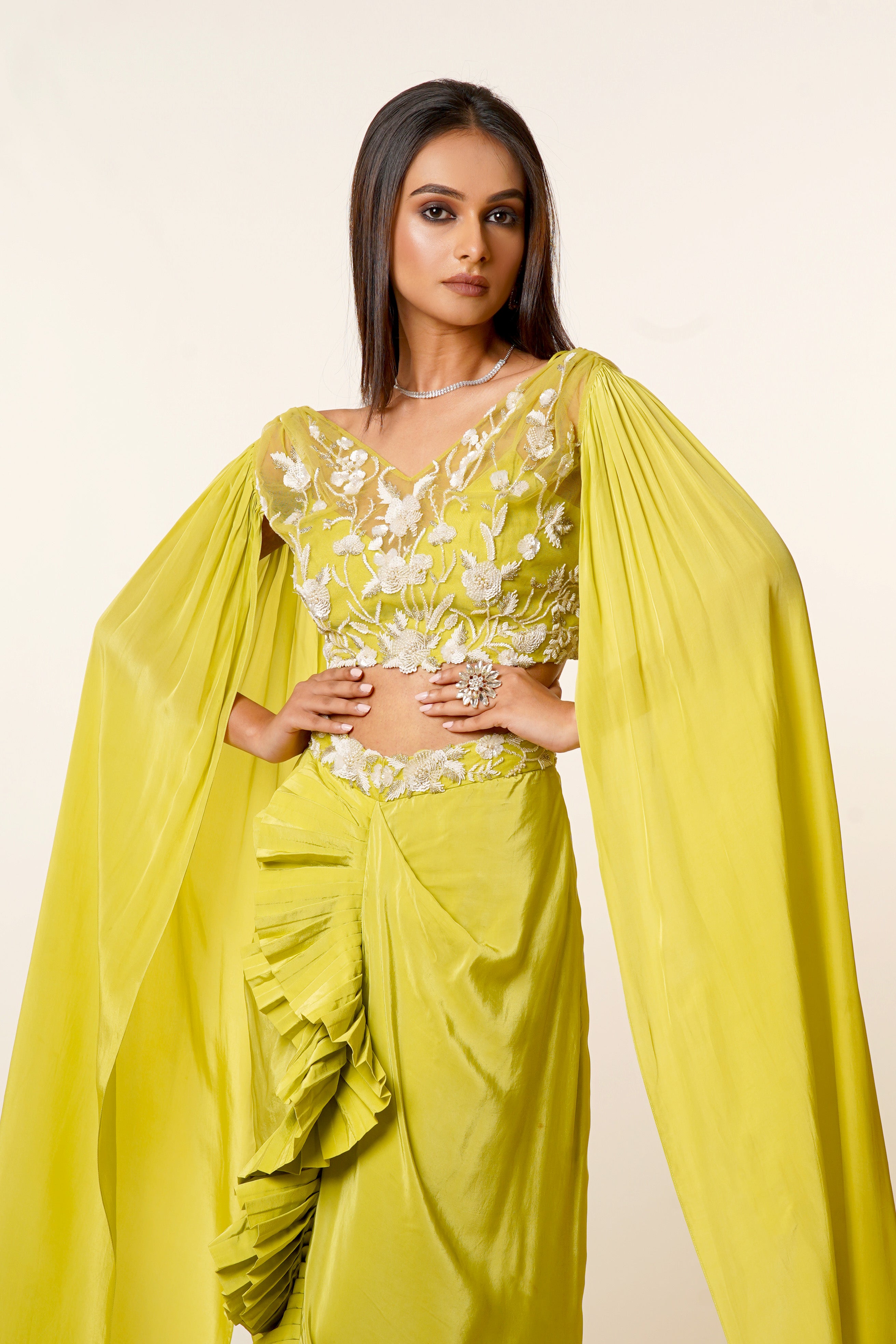 Lime Green Hand Embroidered Net Blouse with Long Sleeves