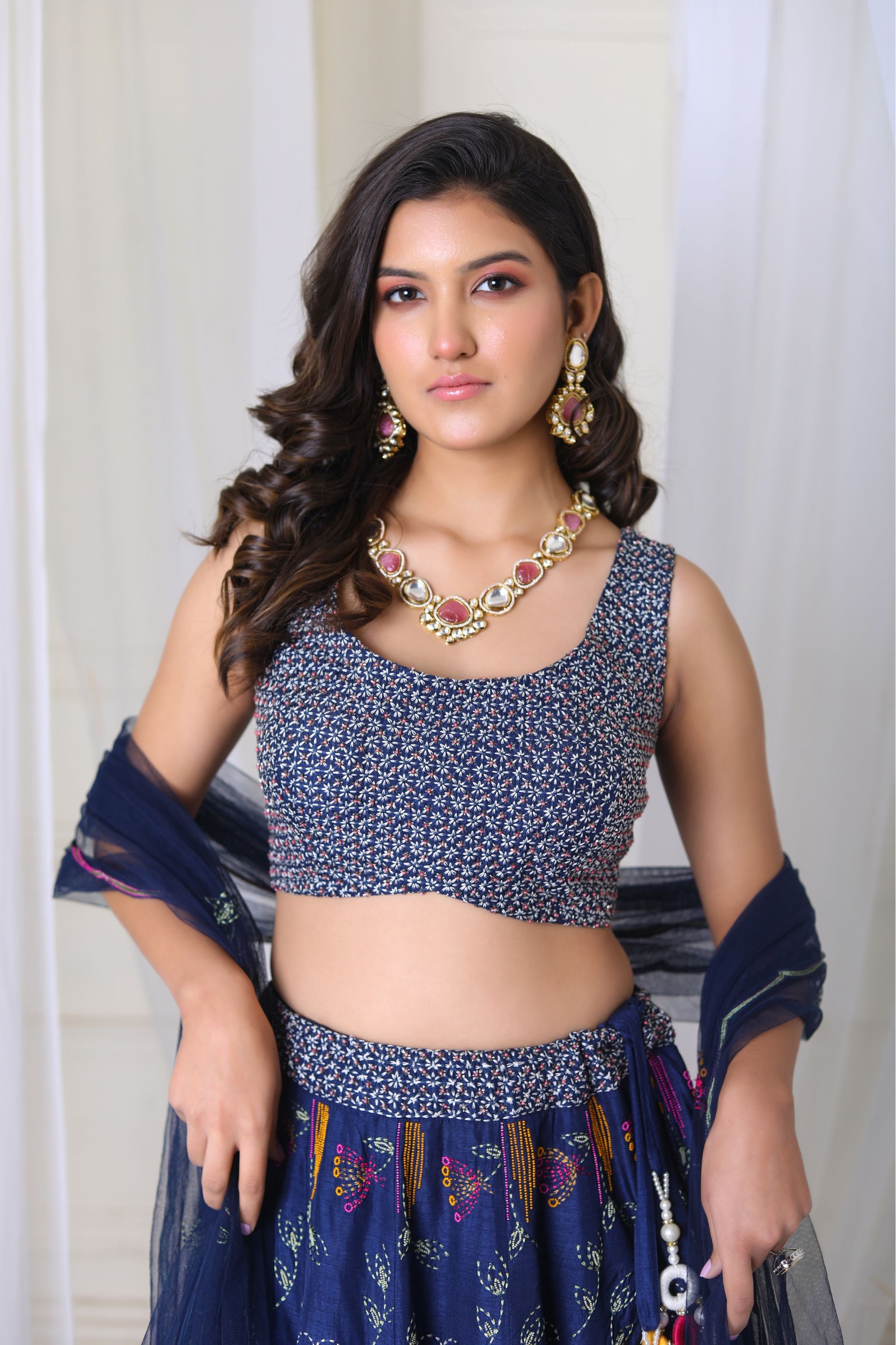 Hand Embroidered Navy Blue Lehenga With Blouse & Duppatta