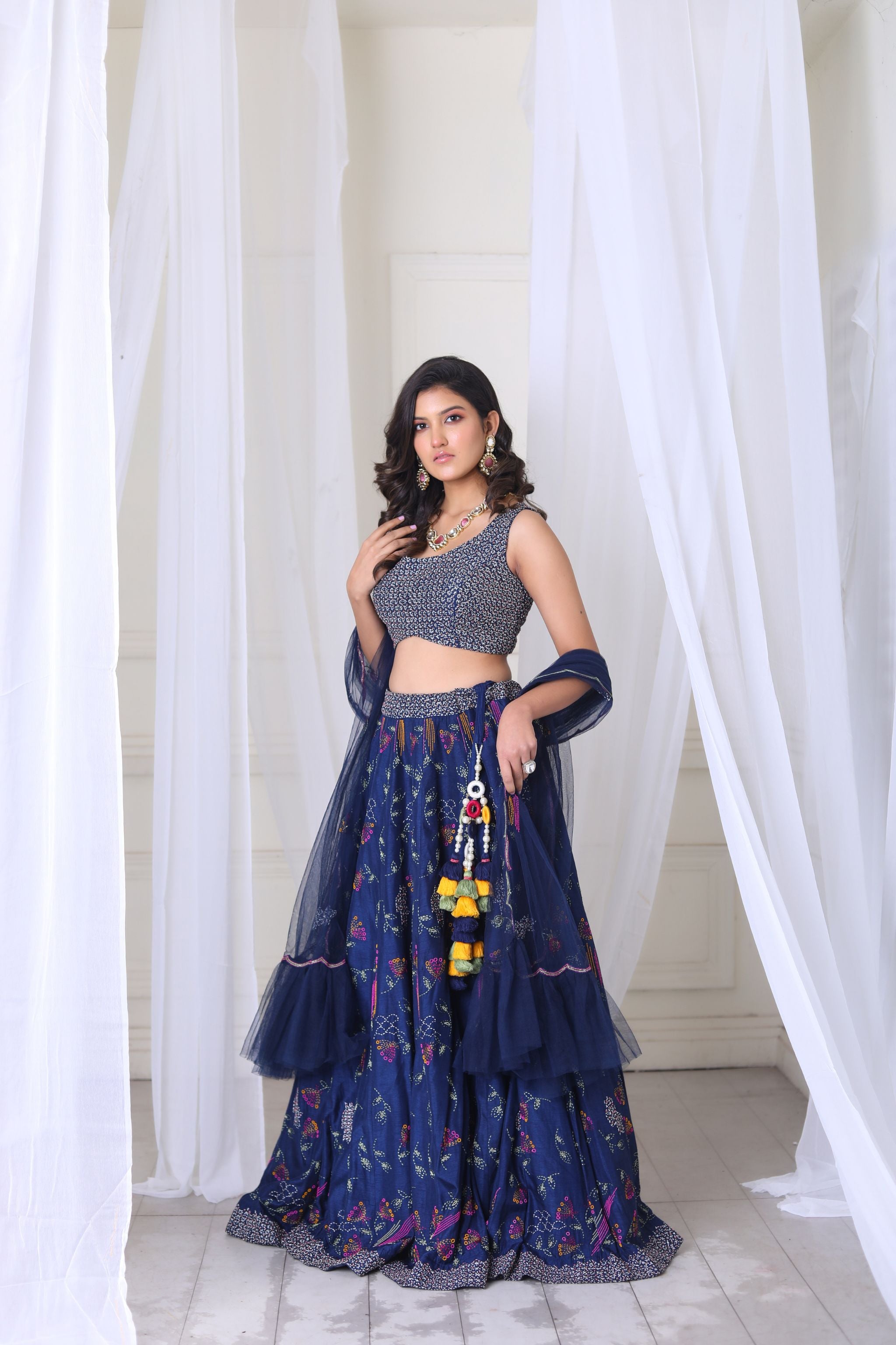 Hand Embroidered Navy Blue Lehenga With Blouse & Duppatta