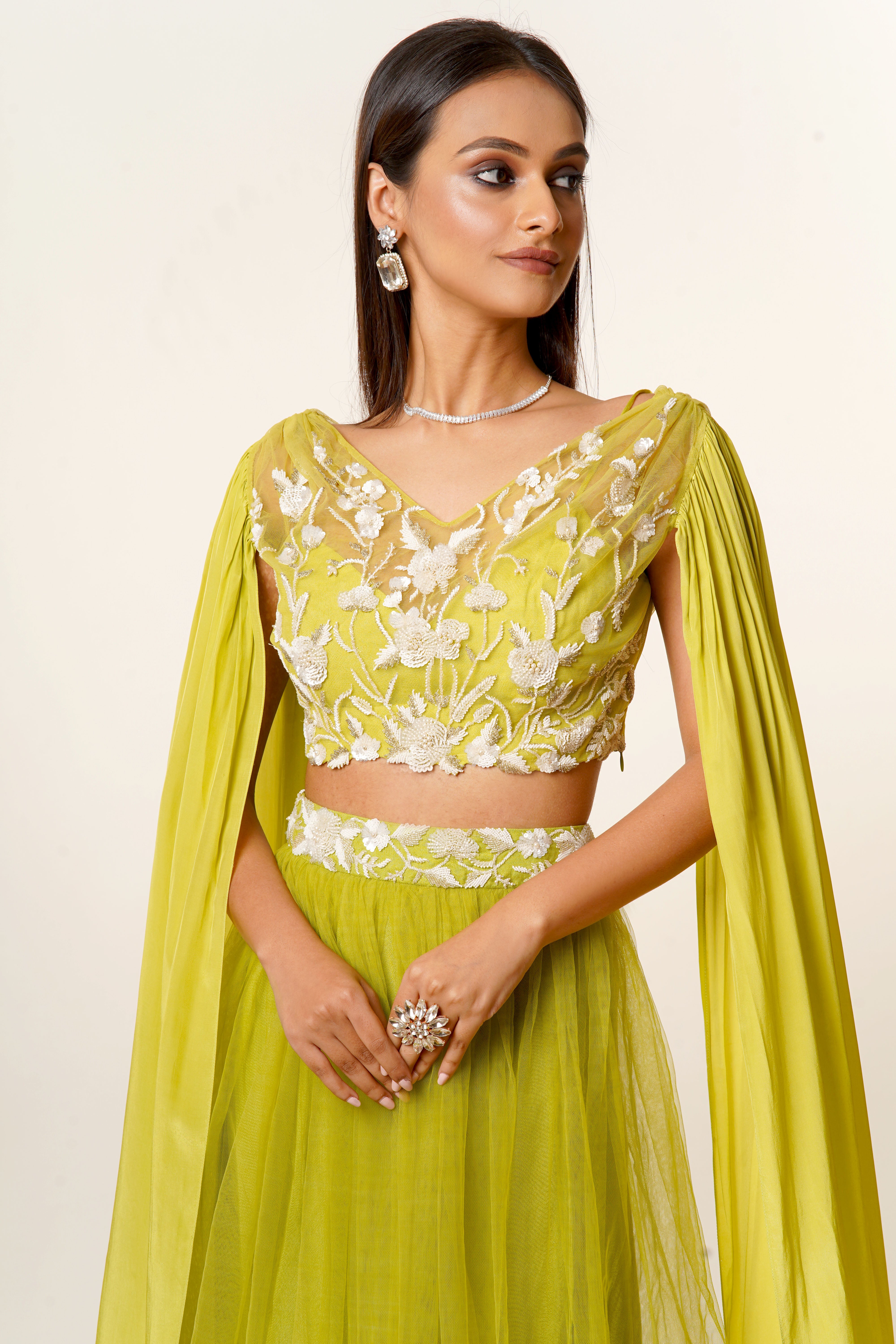 Striking Lime Green Hand Embroidered Net Blouse With Long Sleeves Paired With a Matching Net Skirt