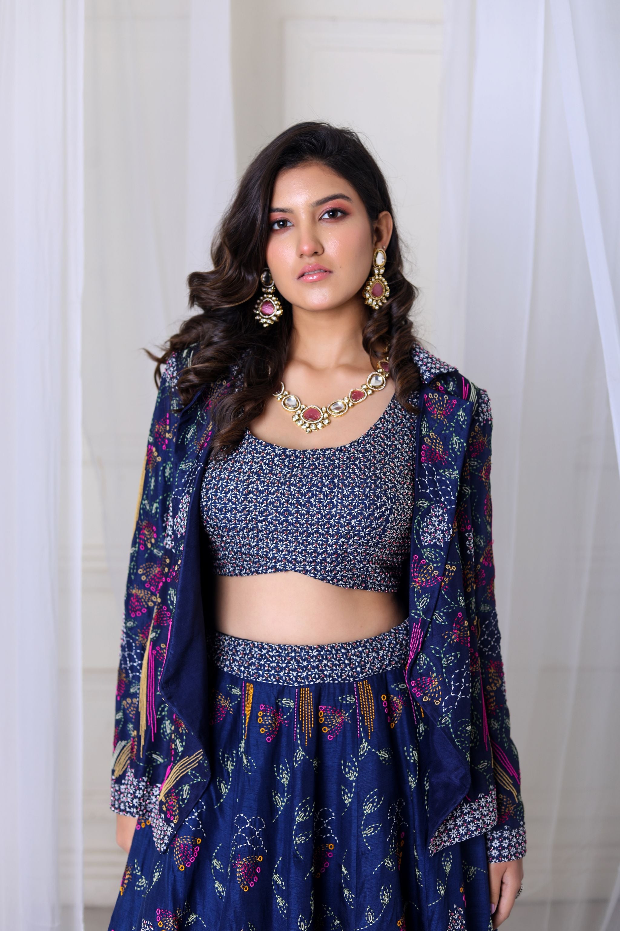 Hand Embroidered Navy Blue Lehenga With Blouse & Blazer