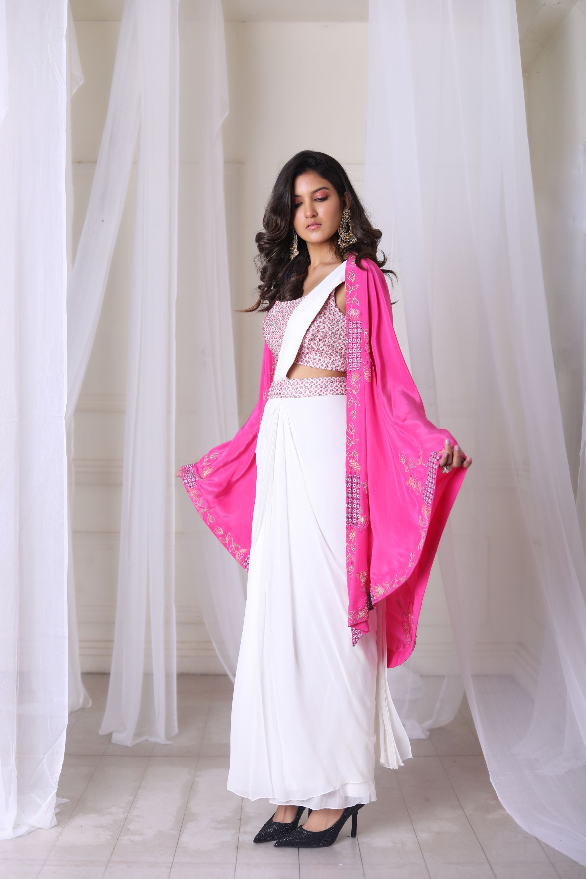 Hand Embroidered White Drape Saree With Pink Cape
