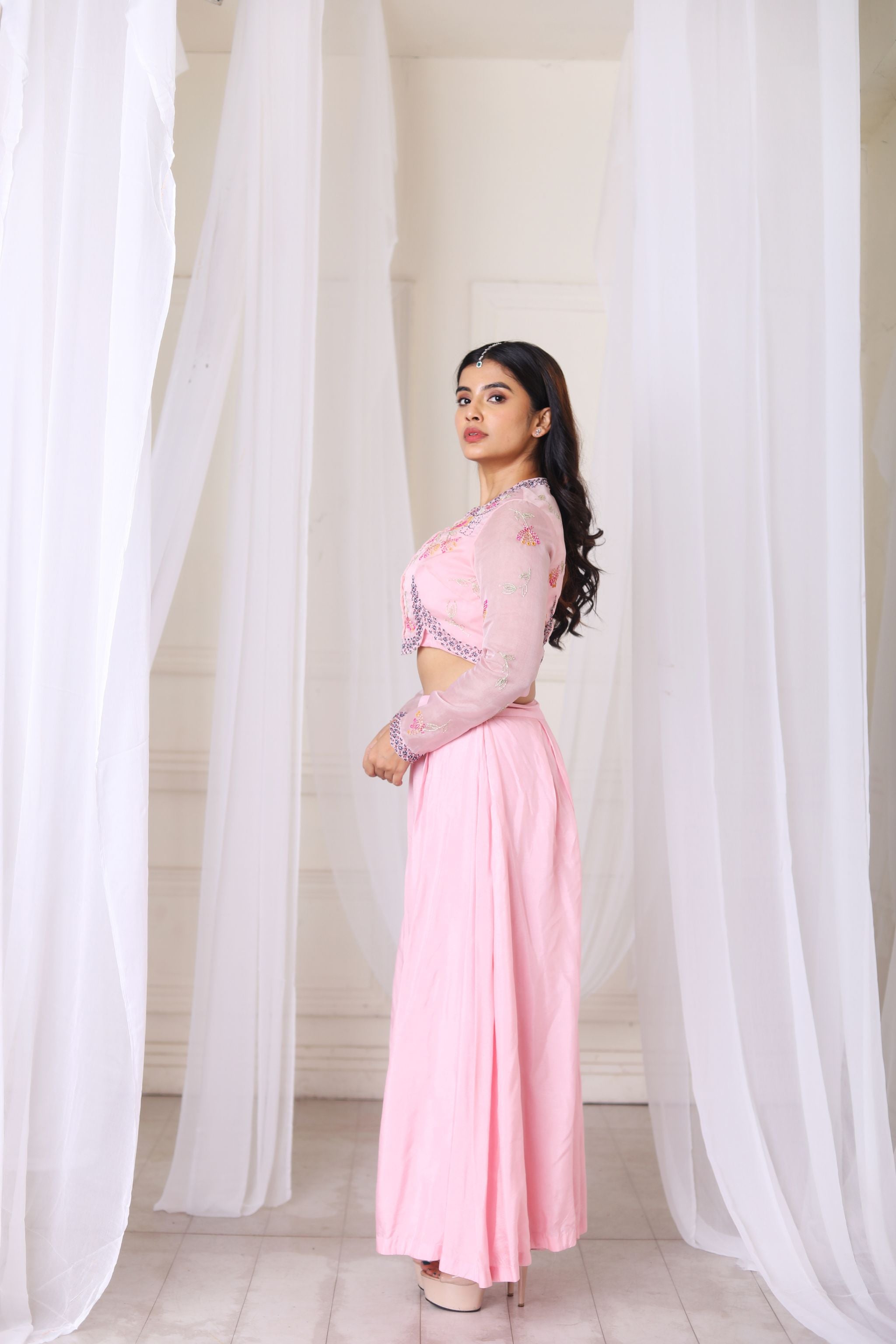 Hand Embroidered Pink Short Jacket With Pant