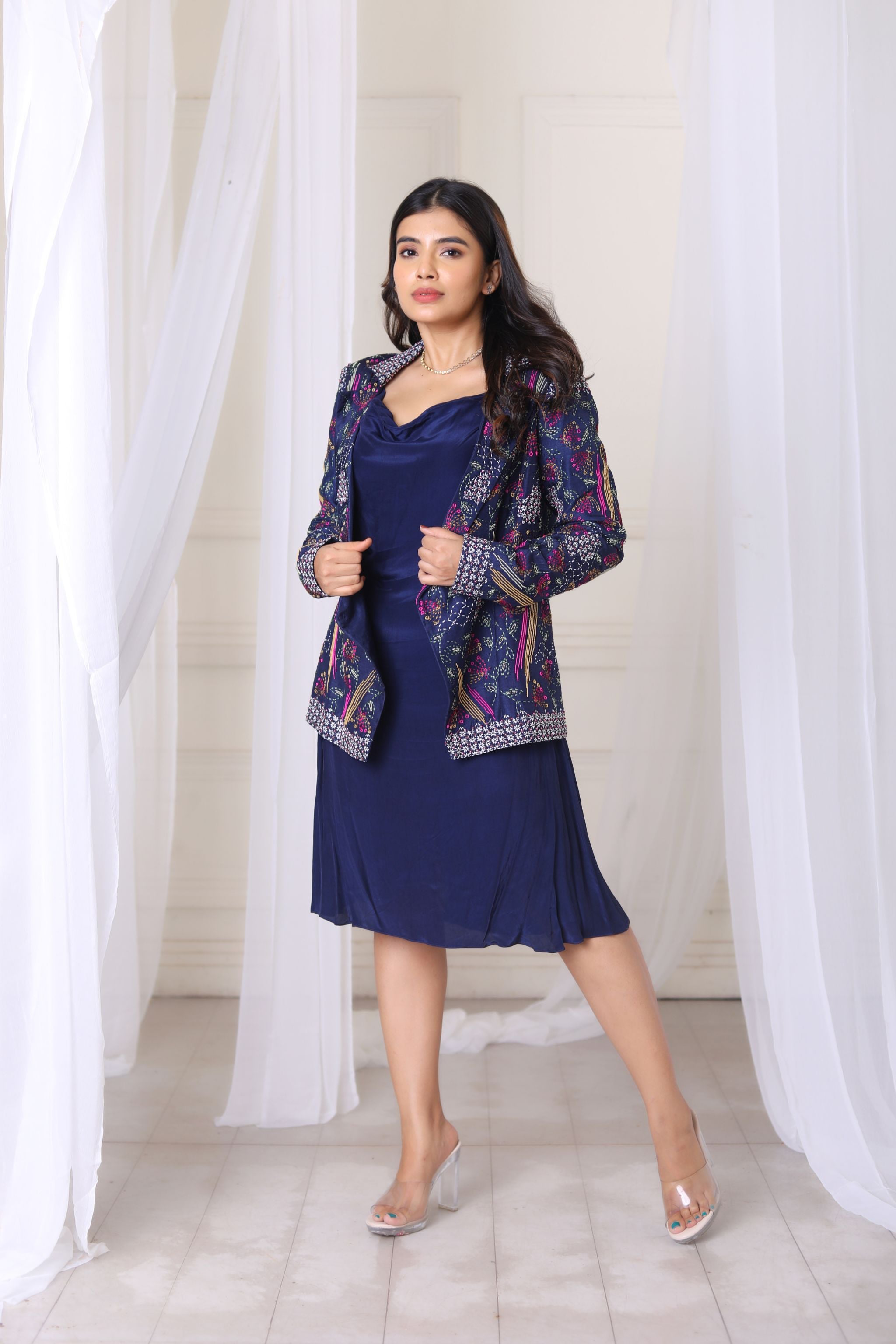 Hand Embroidered Navy Blue Blazer With Dress