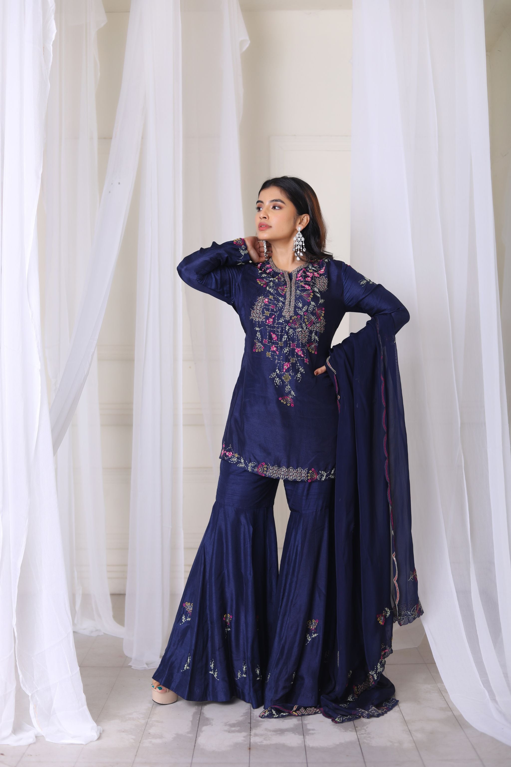 Hand Embroidered Navy Blue Kurta With Gharara & Duppata