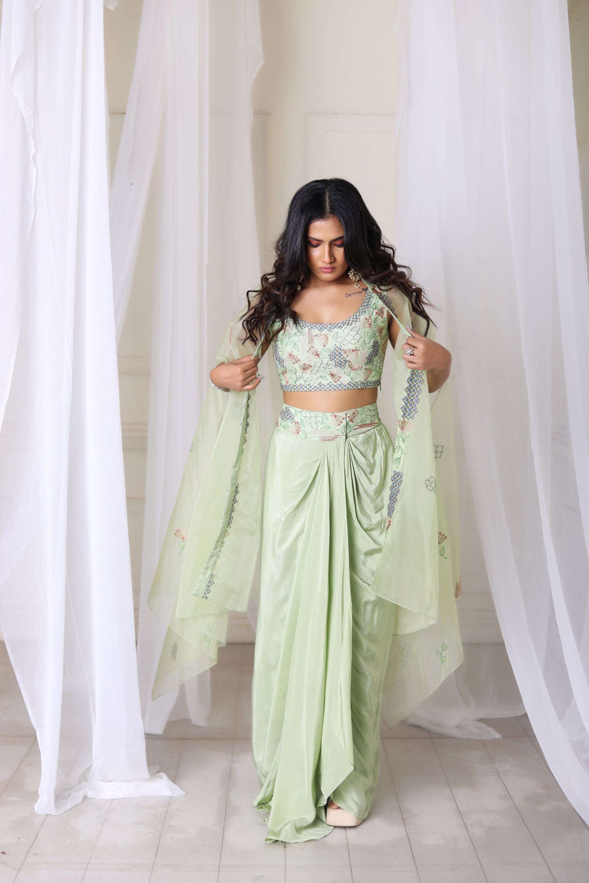 Hand Embroidered Sage Green Drape Skirt With Blouse & Cape