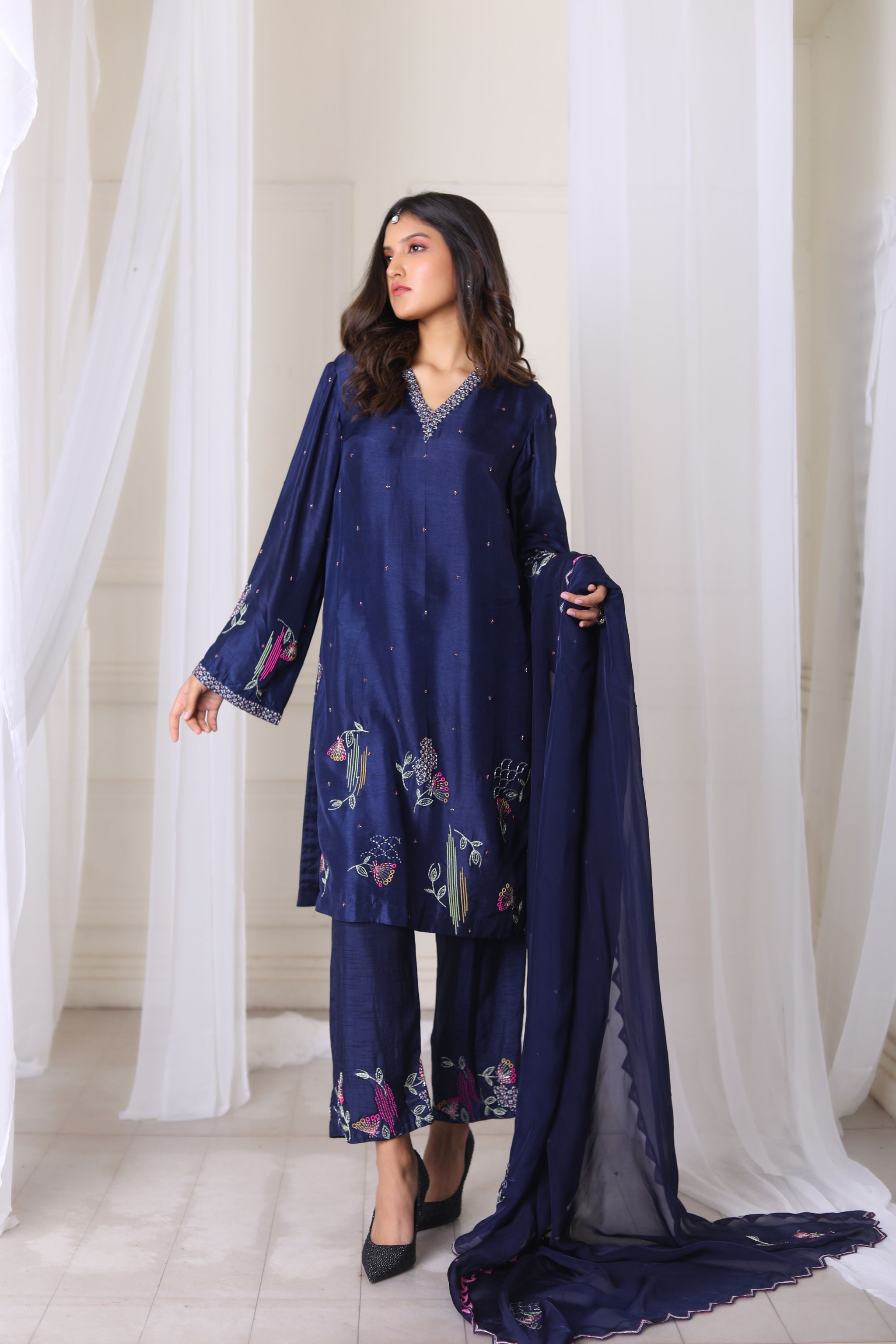 Hand Embroidered Navy Blue Kurta With Pant & Duppatta