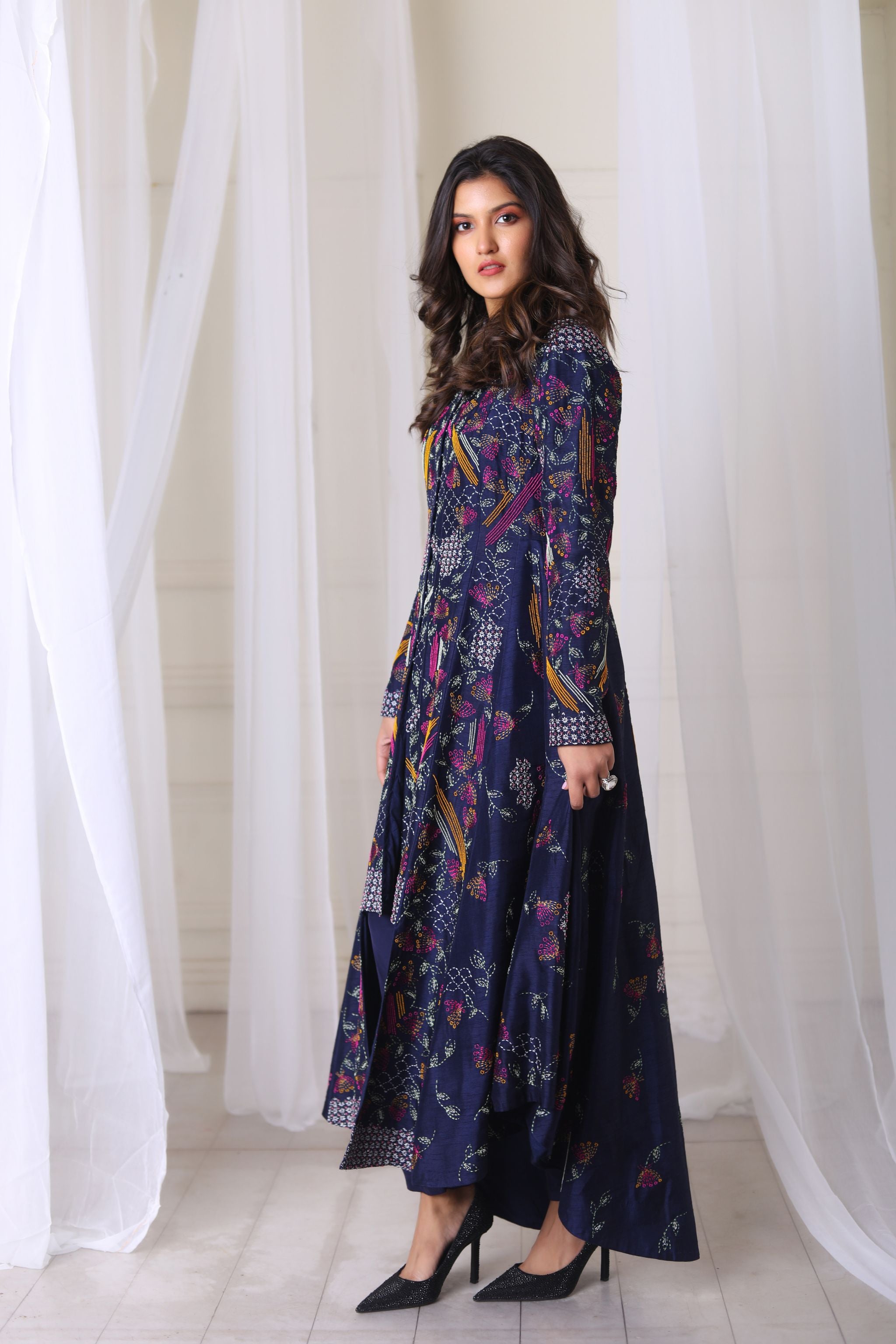 Hand Embroidered Navy Blue Kalidar Kurta With Drape Pant