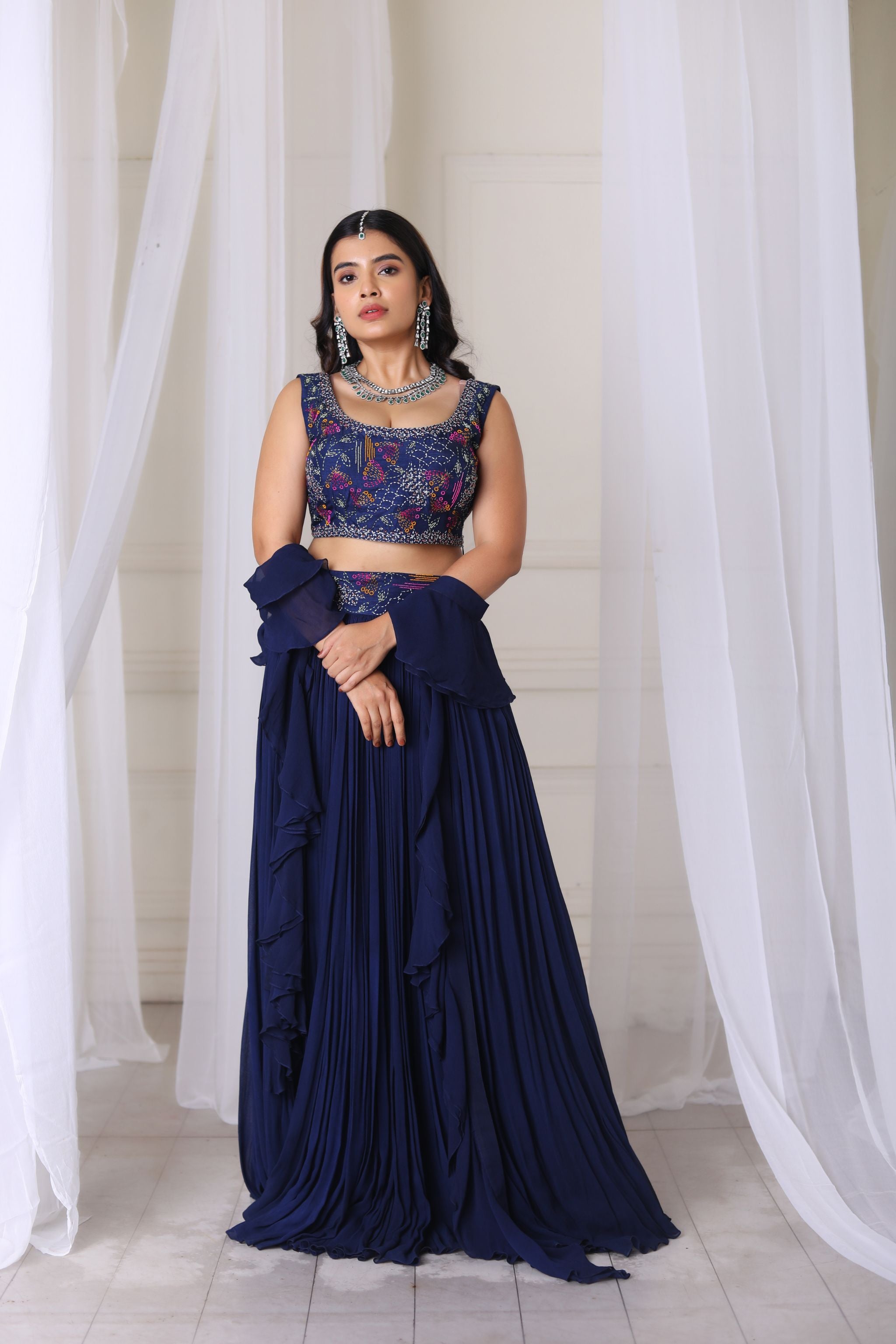 Hand Embroidered Navy Blue Skirt With Blouse & Frill Duppatta