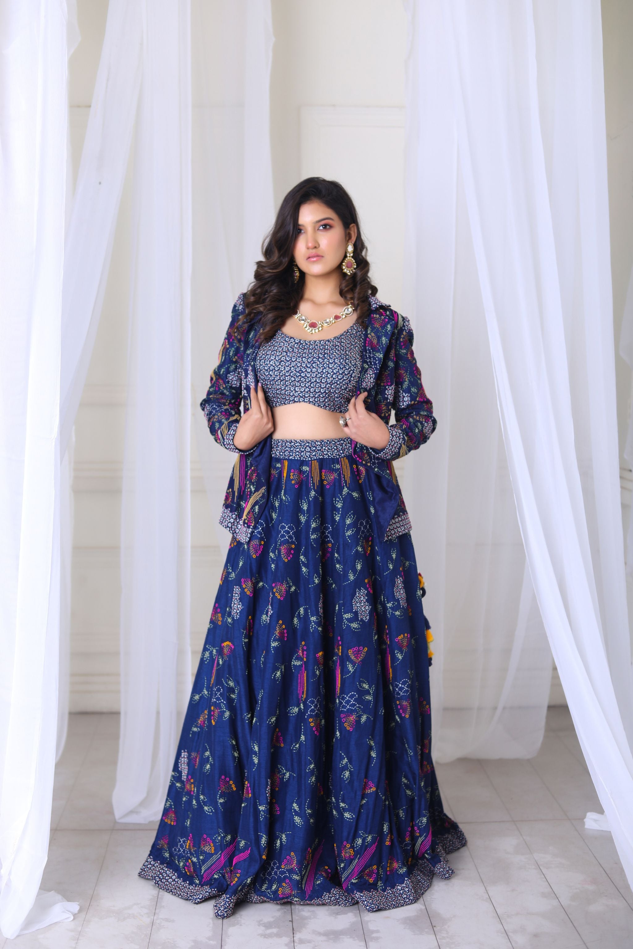 Hand Embroidered Navy Blue Lehenga With Blouse & Blazer