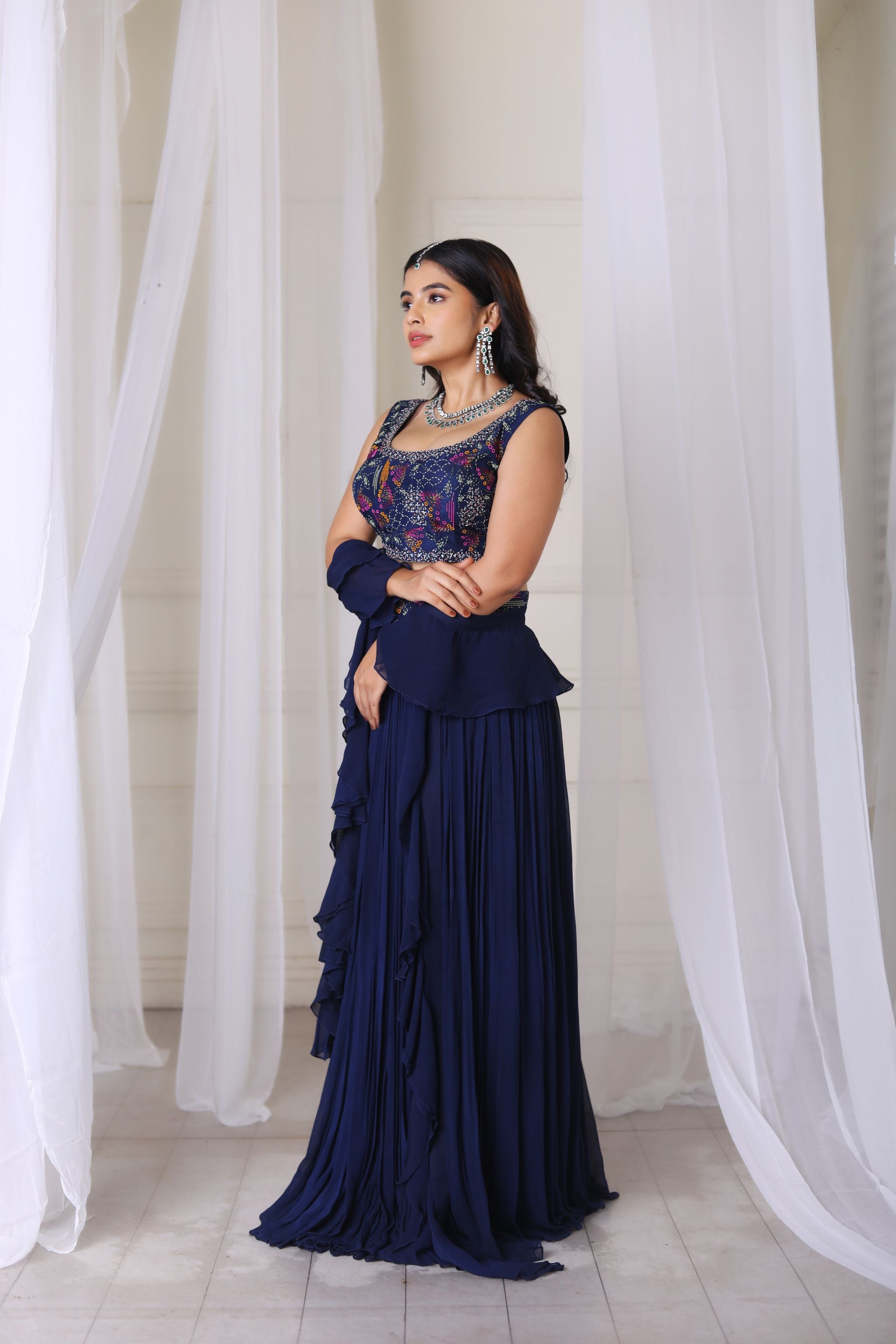 Hand Embroidered Navy Blue Skirt With Blouse & Frill Duppatta