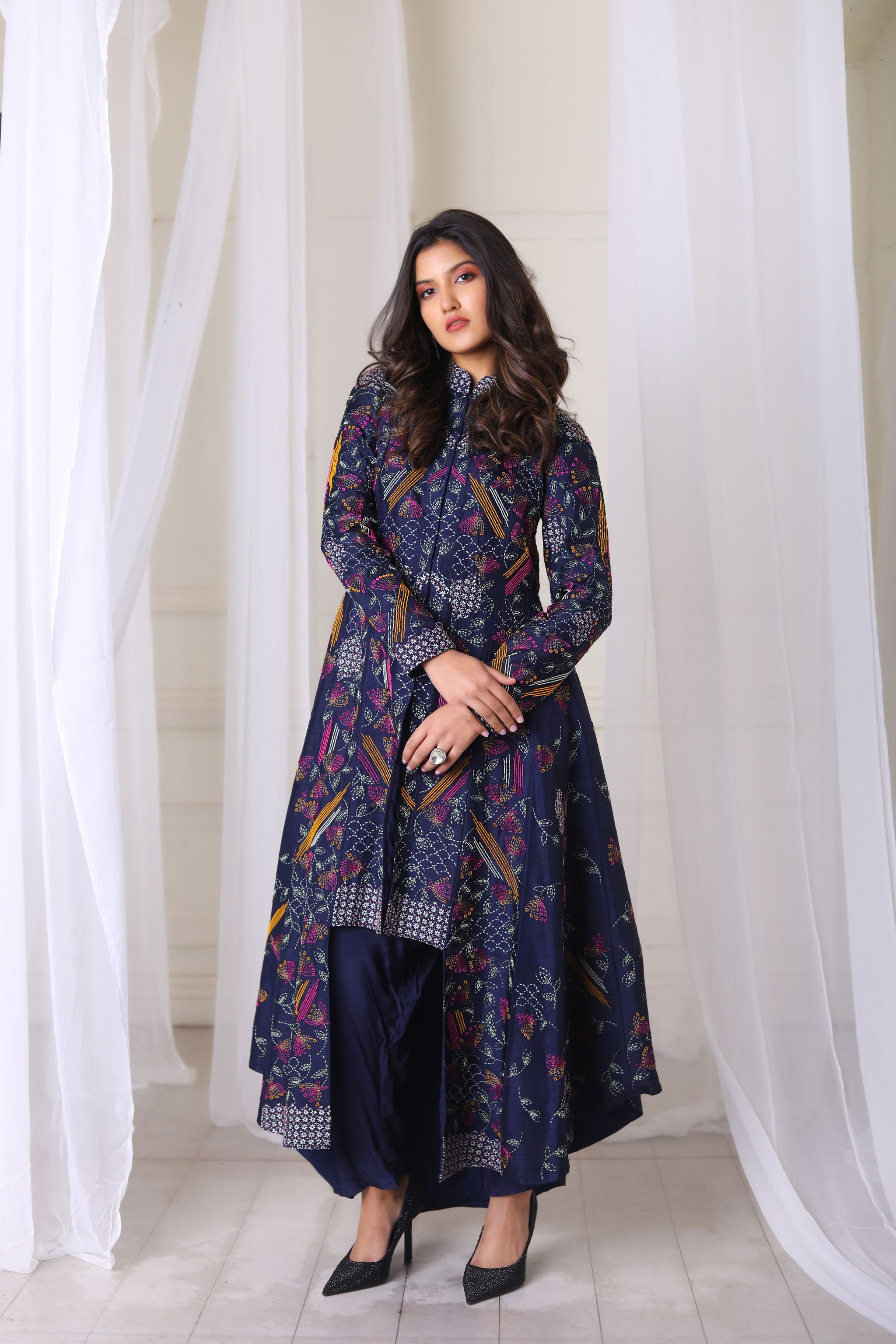 Hand Embroidered Navy Blue Kalidar Kurta With Drape Pant