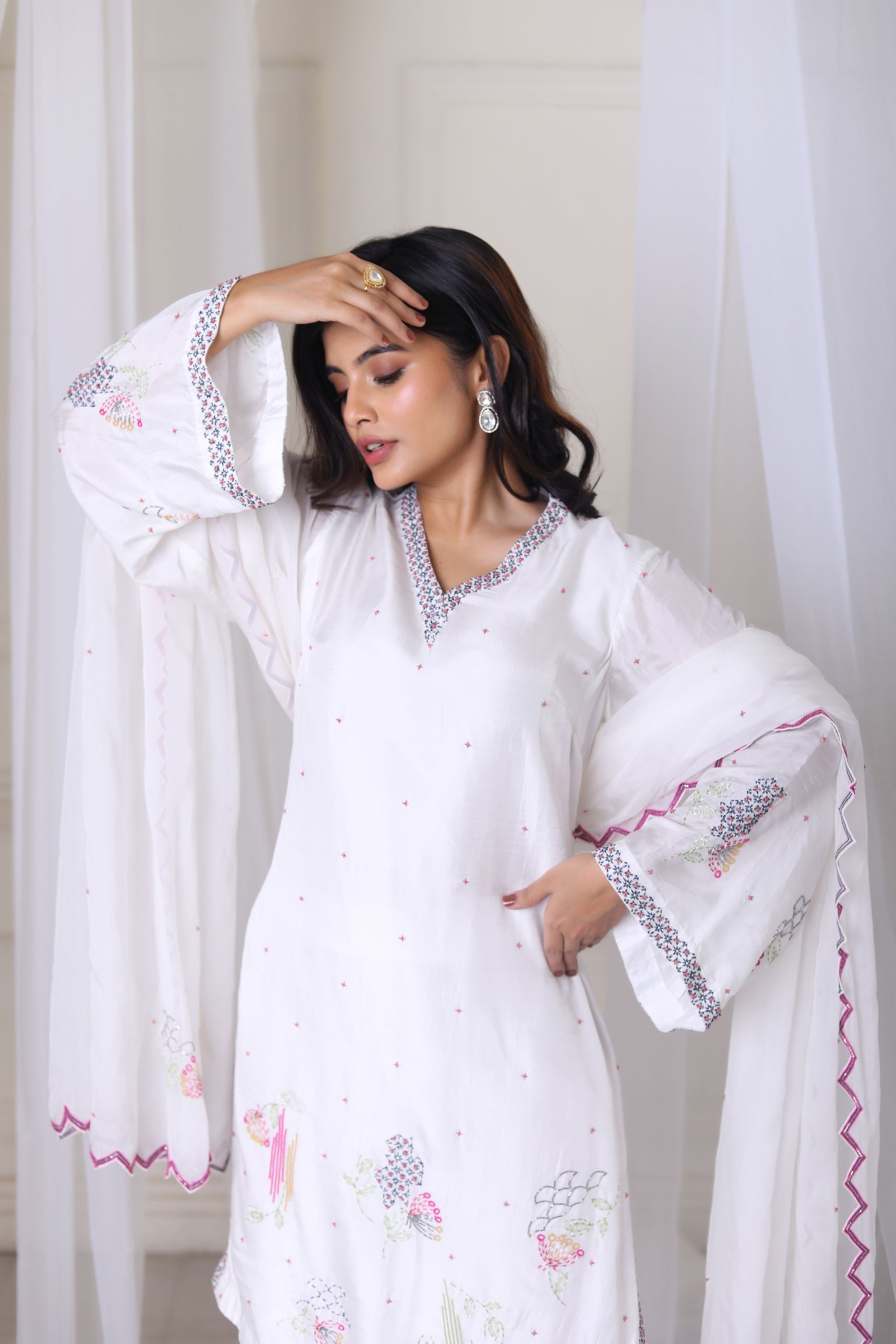 Hand Embroidered White Suit With Duppatta