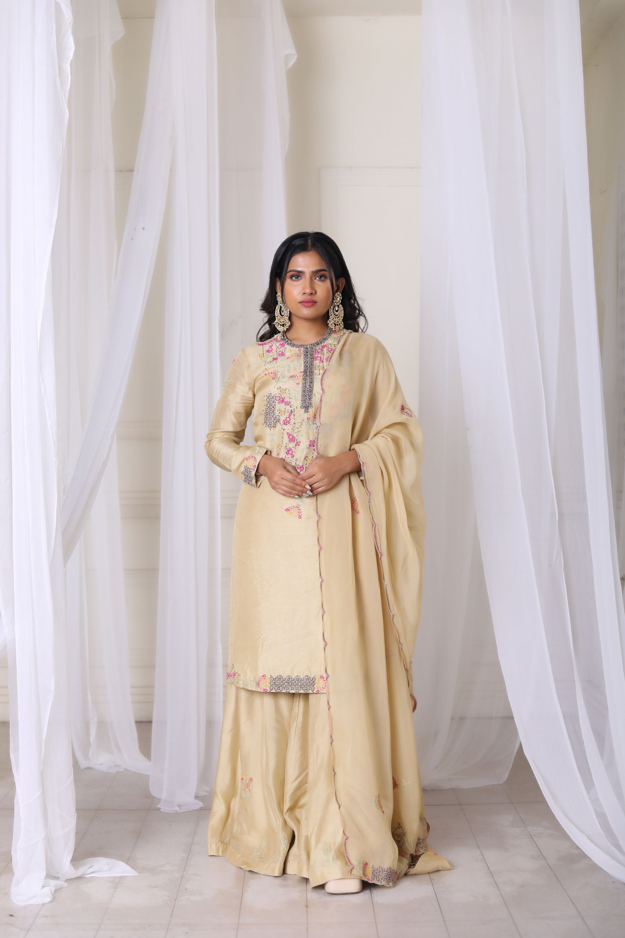 Hand Embroidered Beige Kurta With Sharara & Dupatta