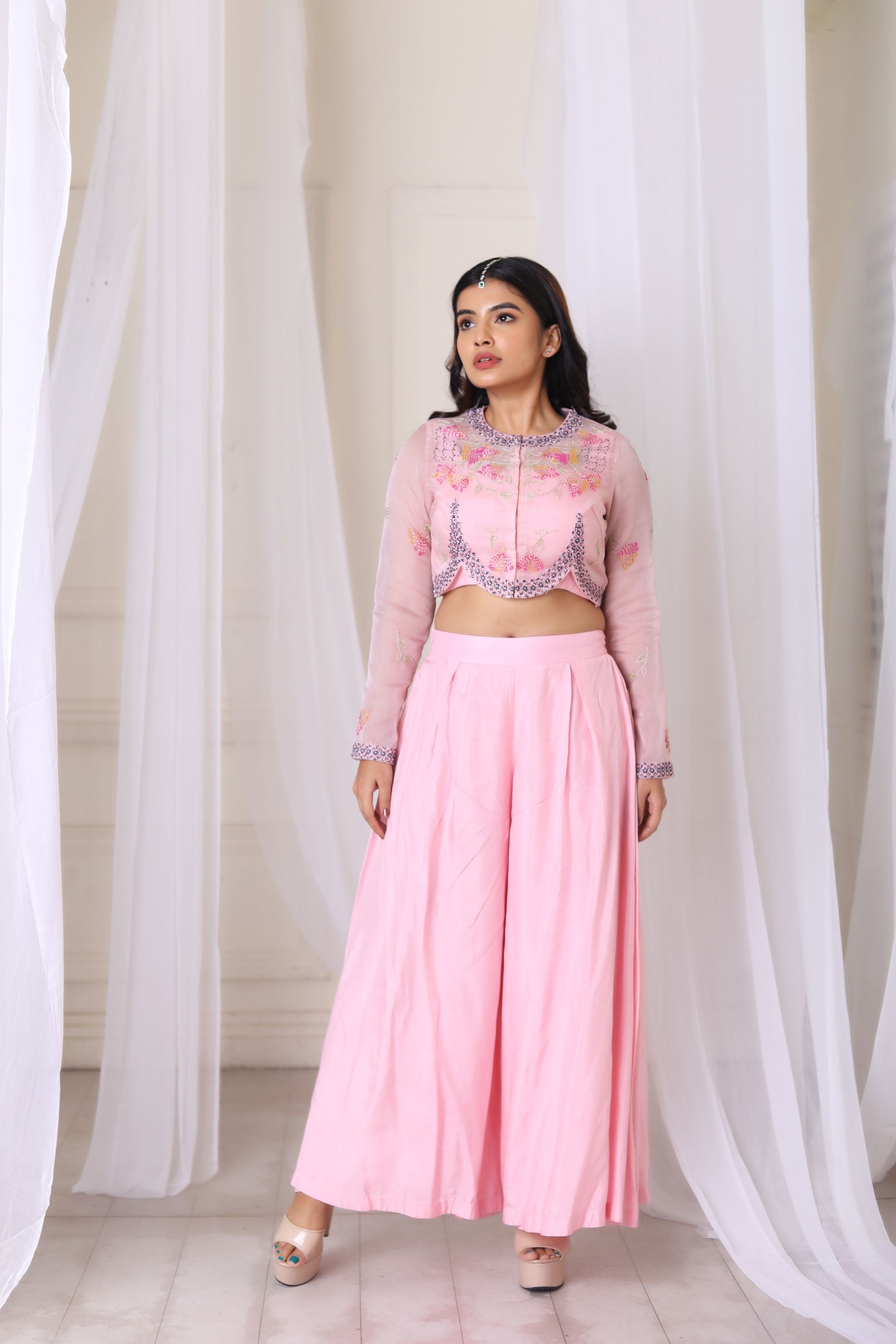 Hand Embroidered Pink Short Jacket With Pant