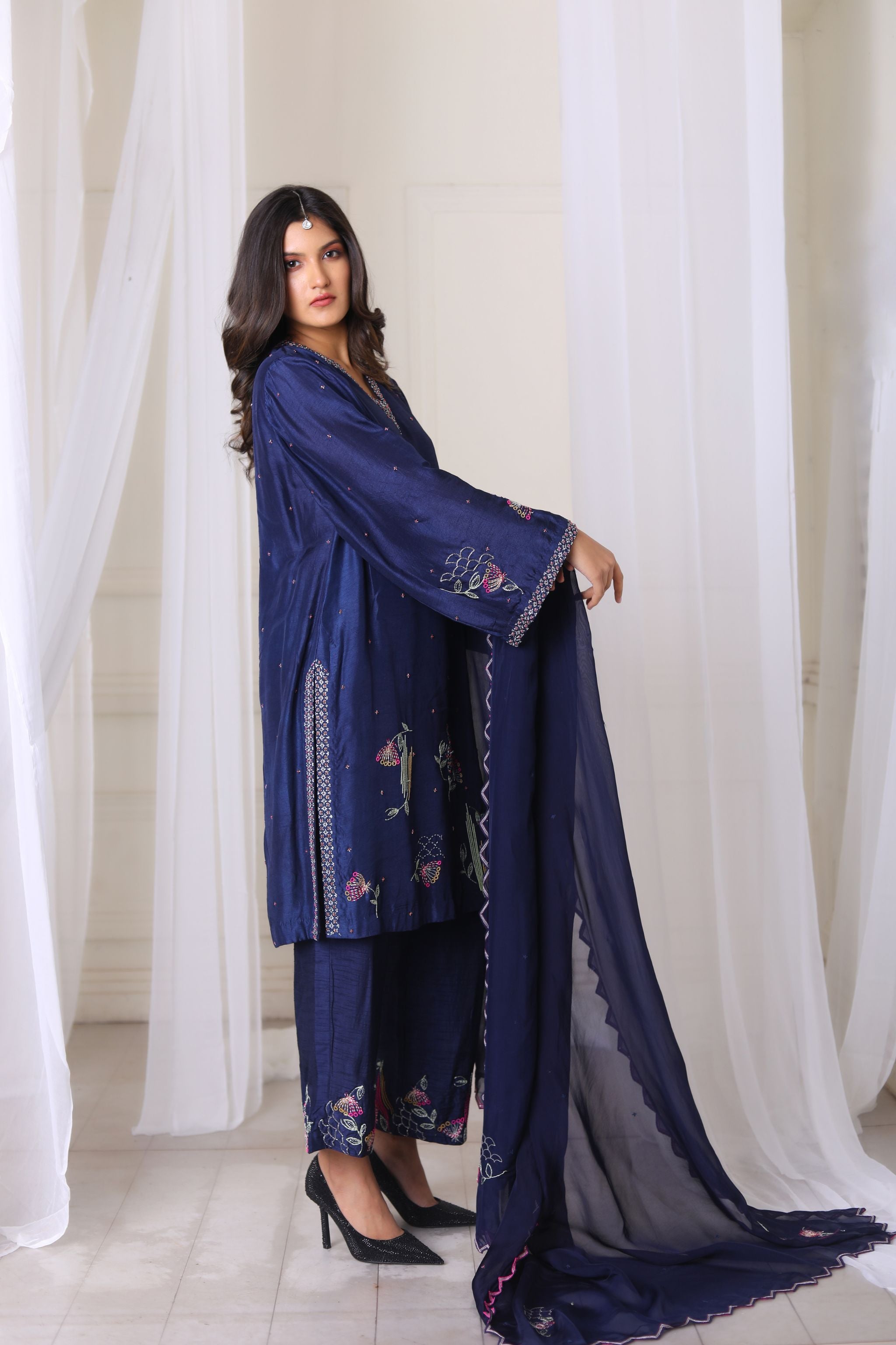 Hand Embroidered Navy Blue Kurta With Pant & Duppatta