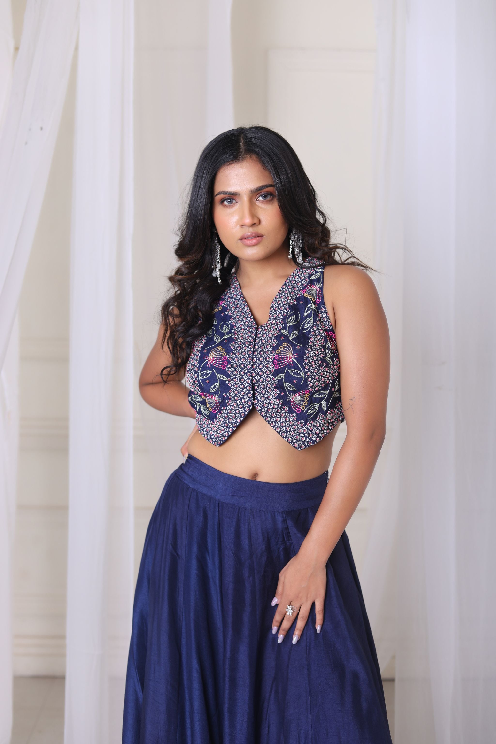 Hand Embroidered Navy Blue Waistcoat With Kalidar Pant