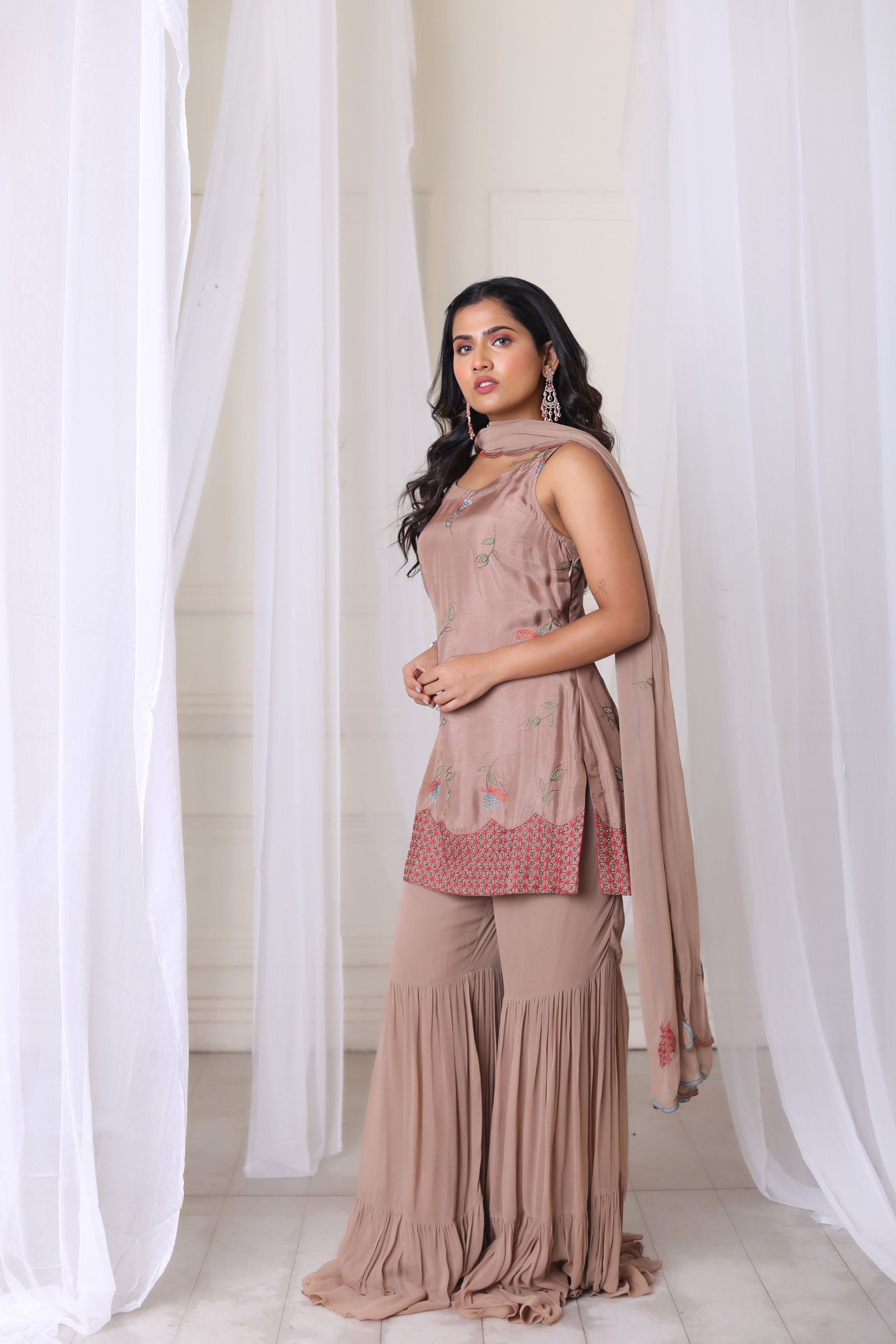 Hand Embroidered Brown Kurta With Sharara & Duppatta