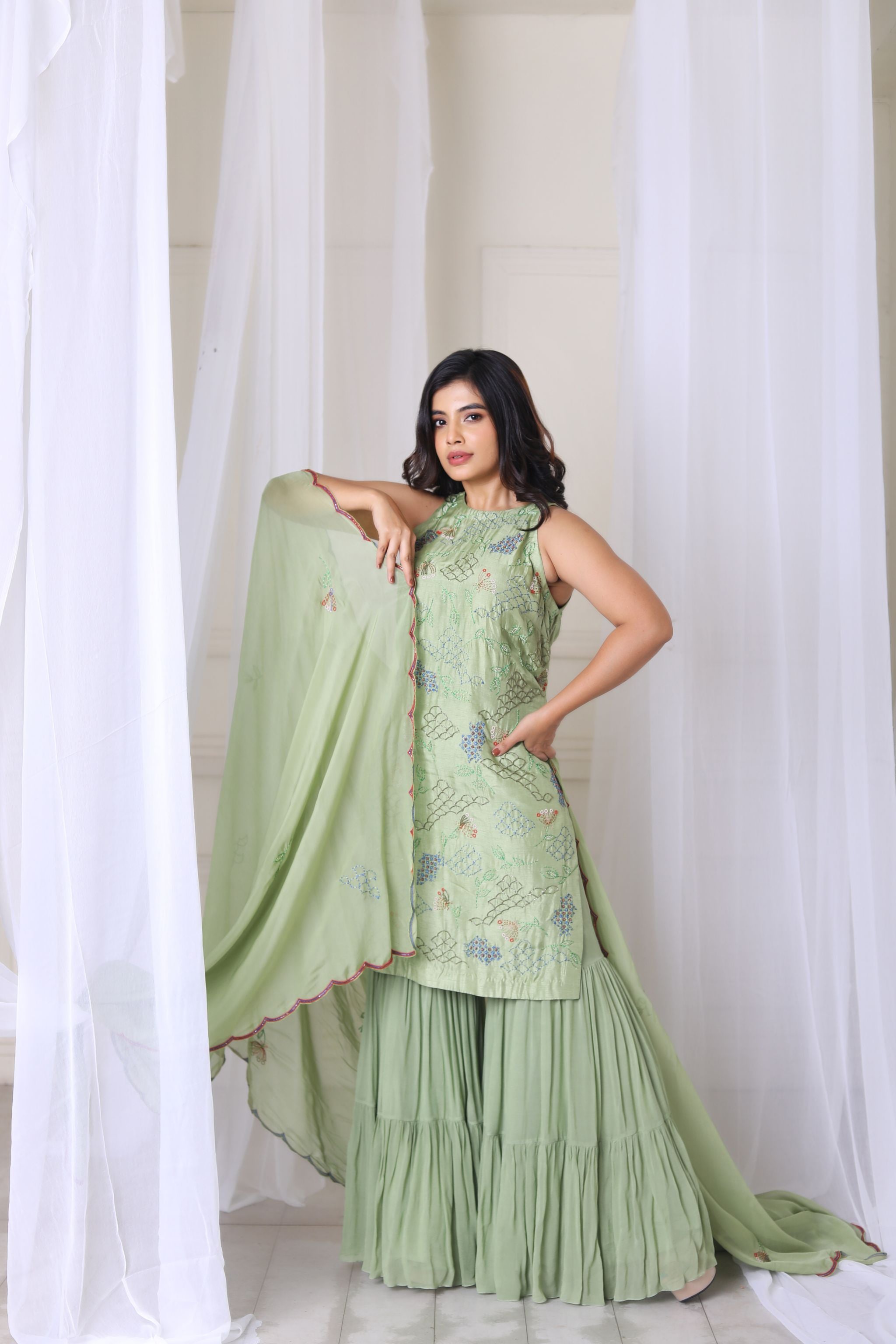 Hand Embroidered Sage Green Kurta With Gharara & Duppatta