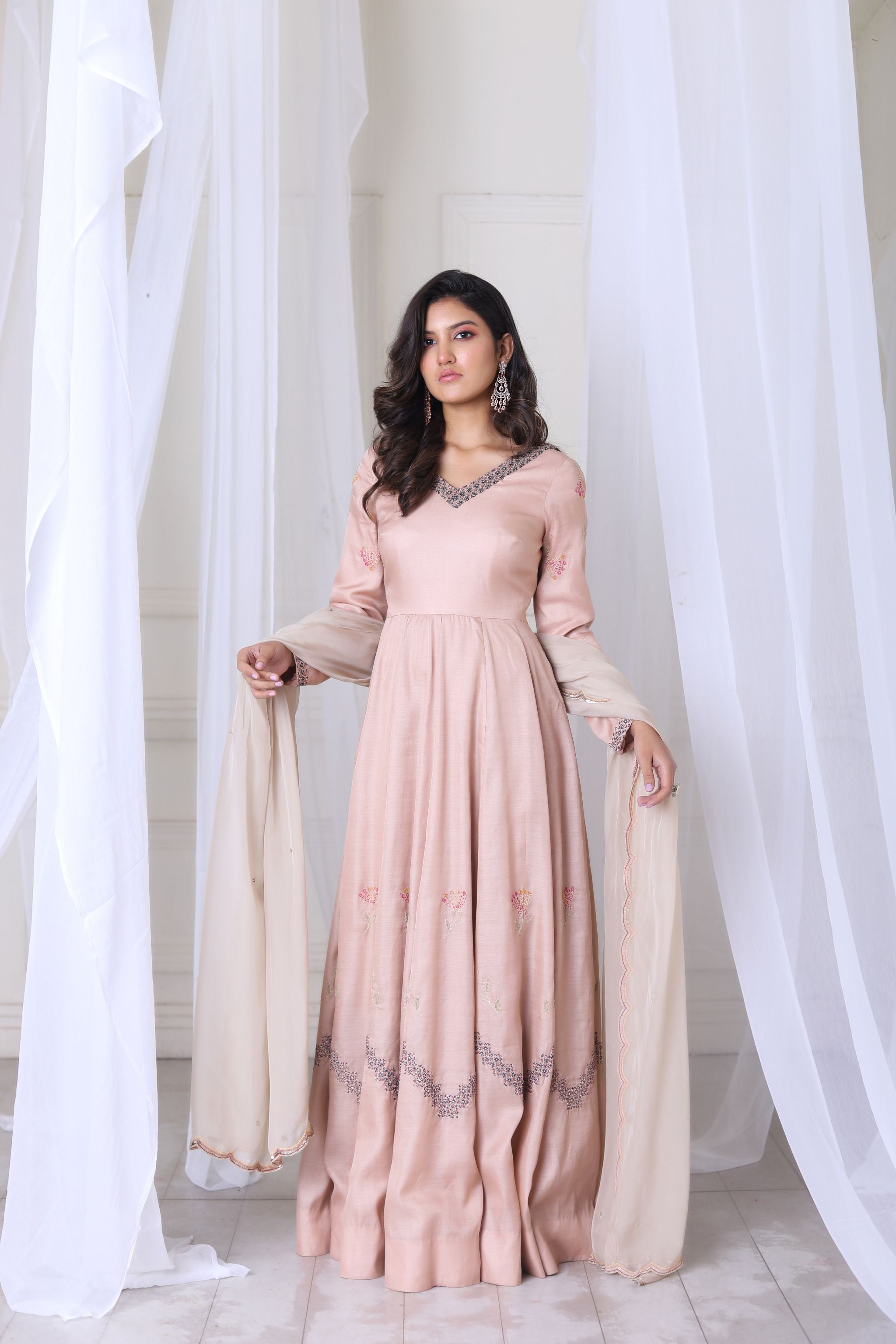 Hand-Embroidered Peach Anarkali with Duppatta