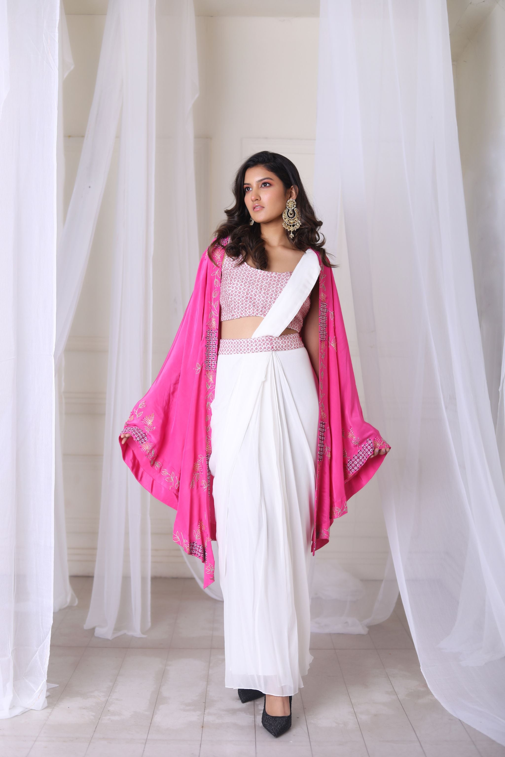 Hand Embroidered White Drape Saree With Pink Cape