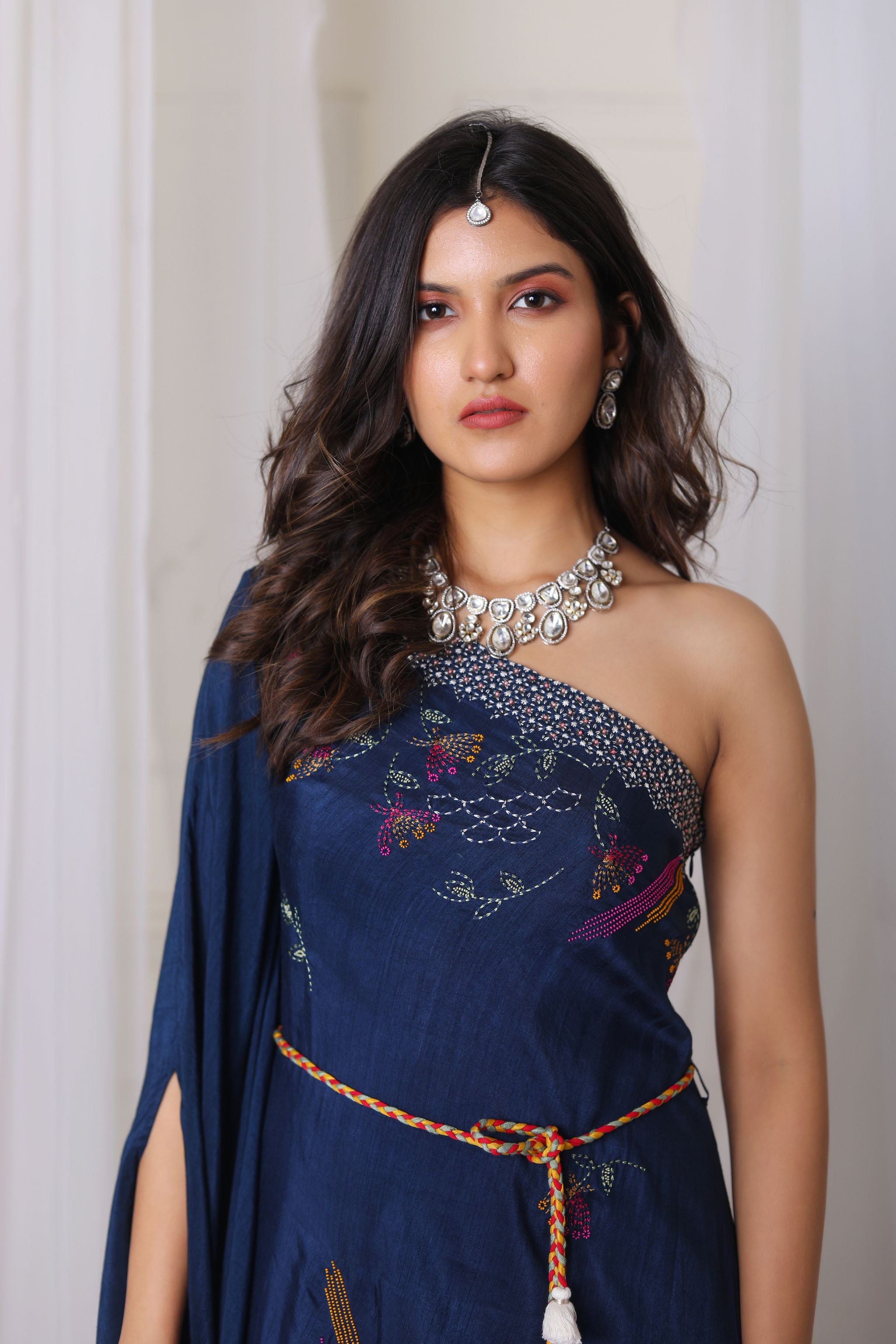 Navy Blue One Shoulder Ethnic Dress - Hand Embroidered