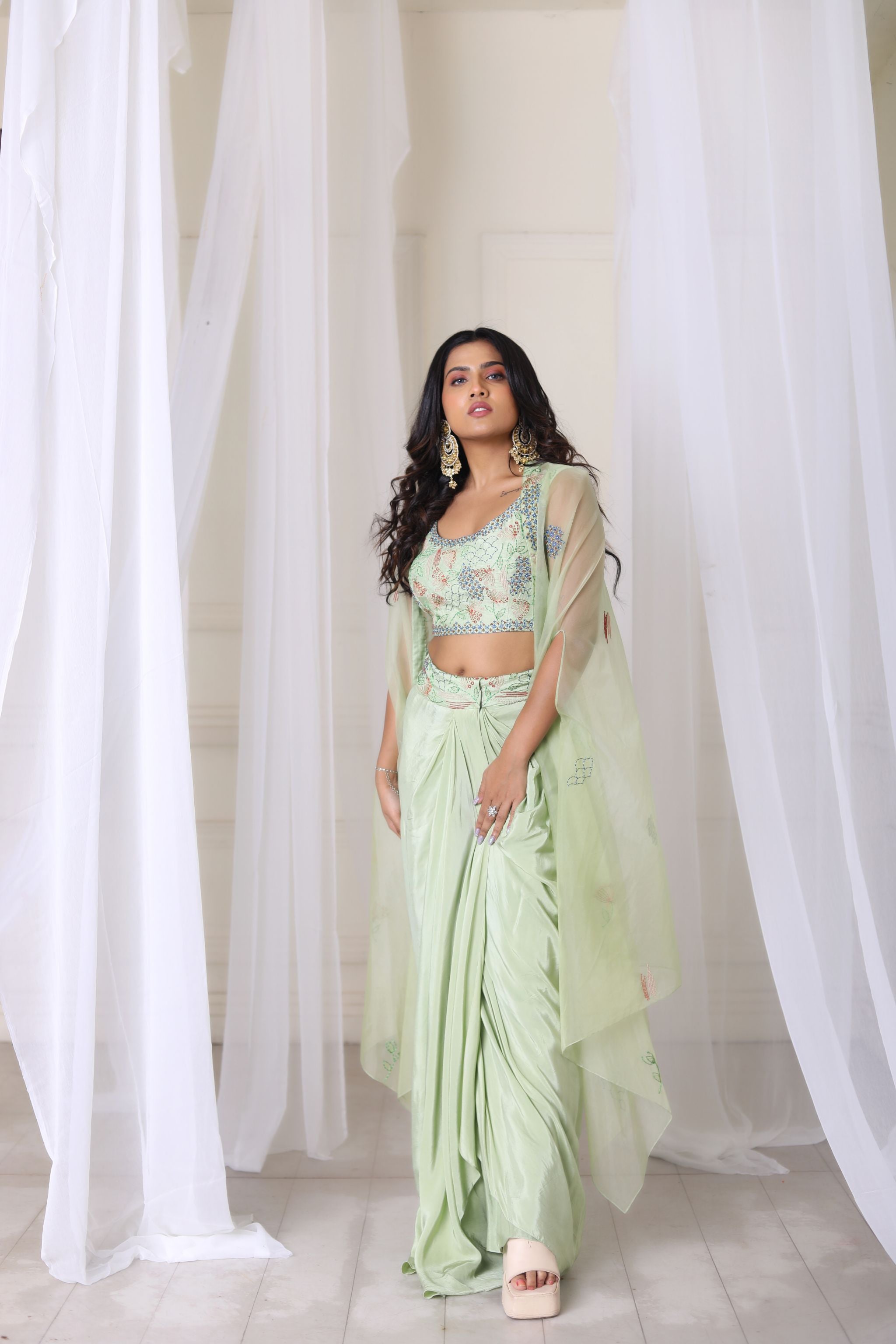 Hand Embroidered Sage Green Drape Skirt With Blouse & Cape