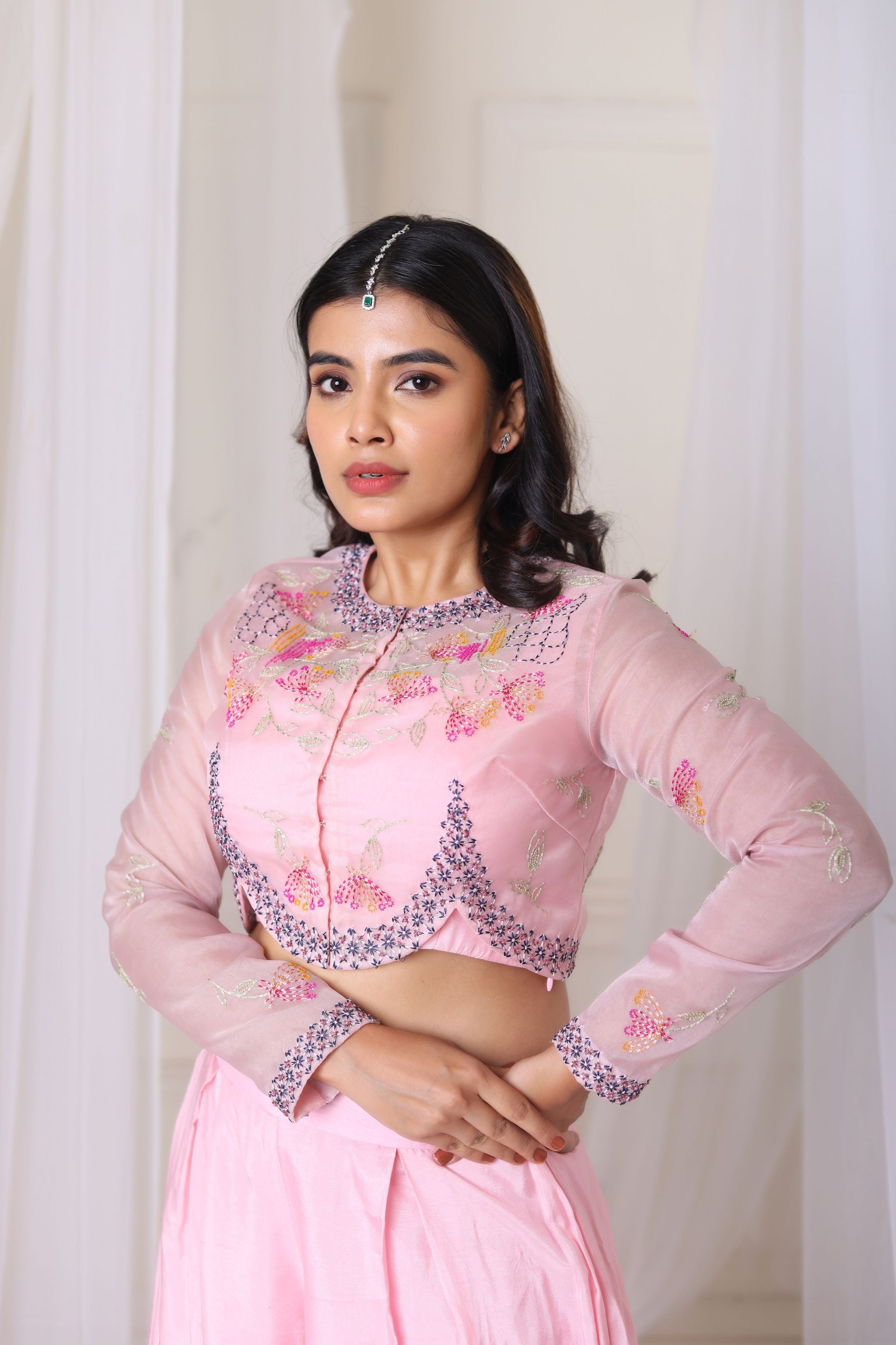Shiho☆　ROSE EMBROIDERY JACKET S Pink Ethnic Co-ord Set with Jacket - Hand Embroidered | Samad Atelier