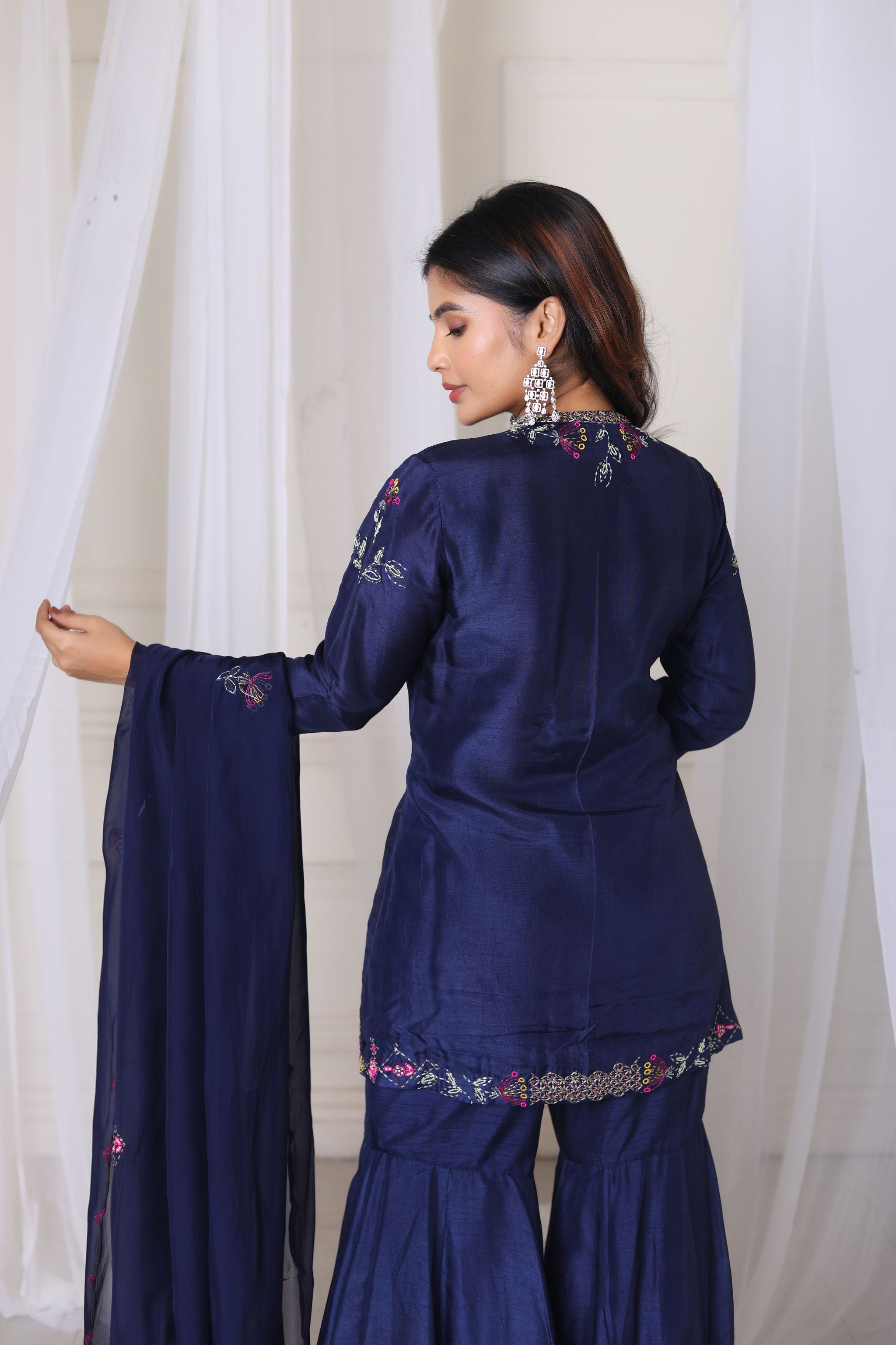 Hand Embroidered Navy Blue Kurta With Gharara & Duppata