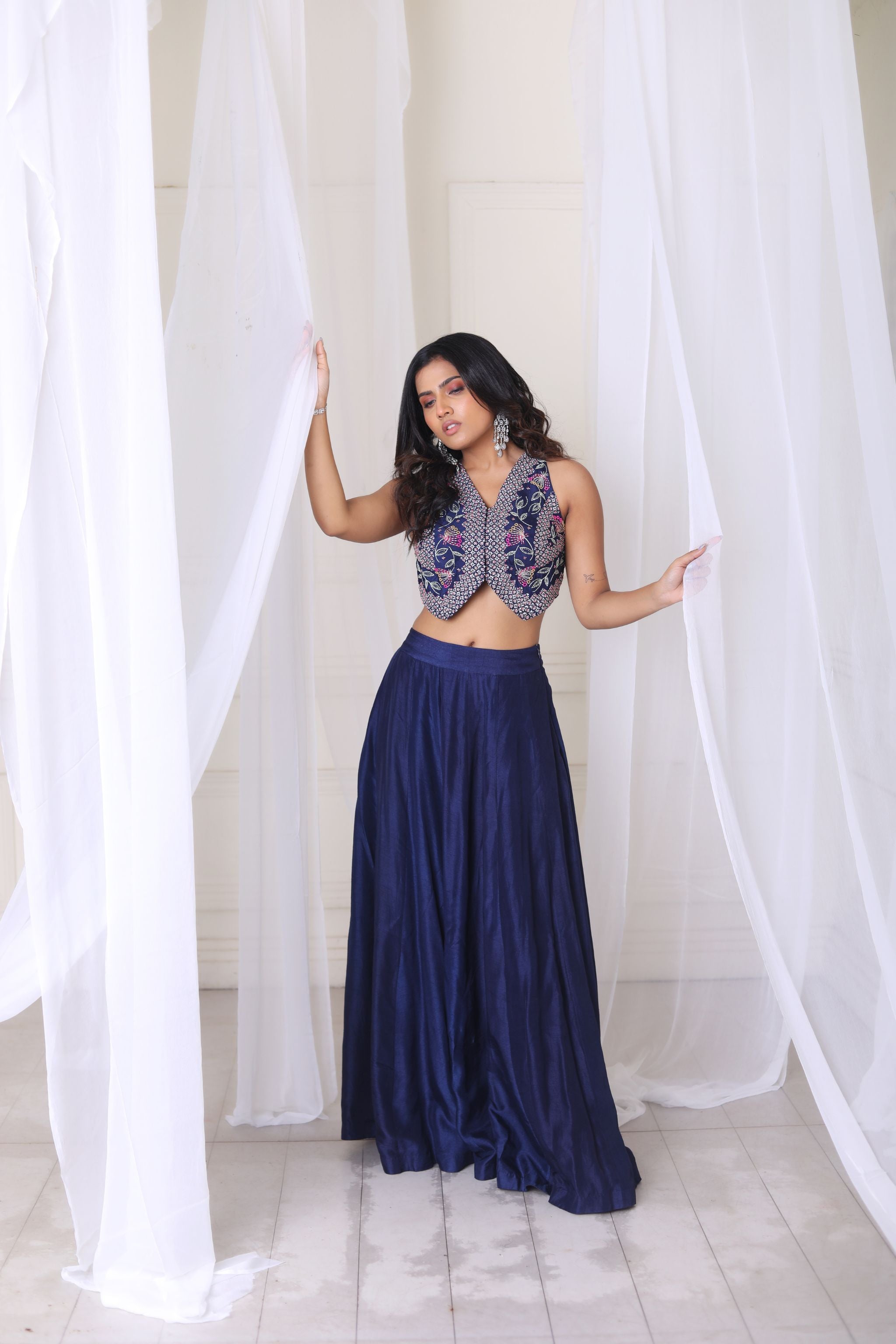Hand Embroidered Navy Blue Waistcoat With Kalidar Pant