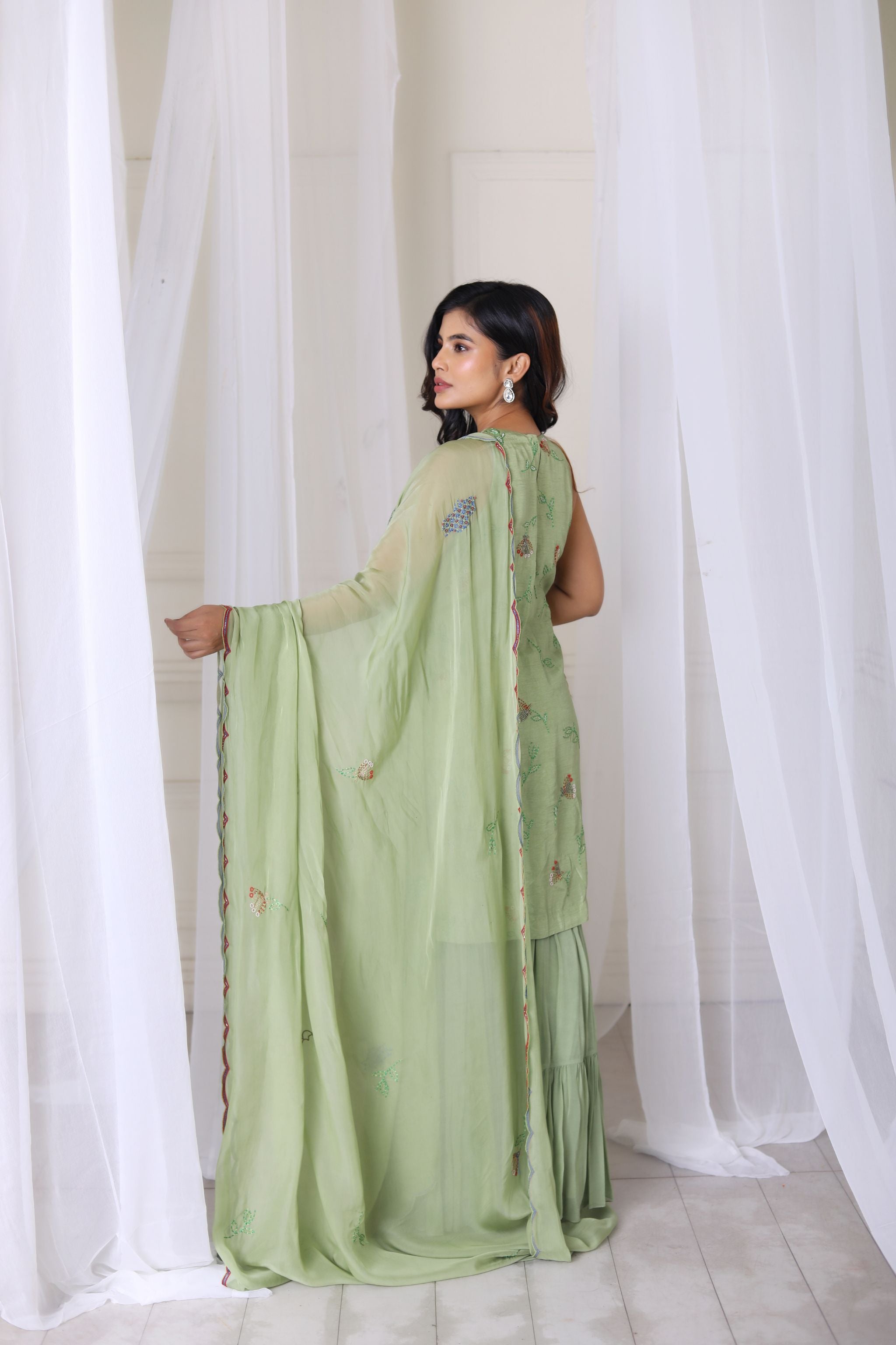 Hand Embroidered Sage Green Kurta With Gharara & Duppatta