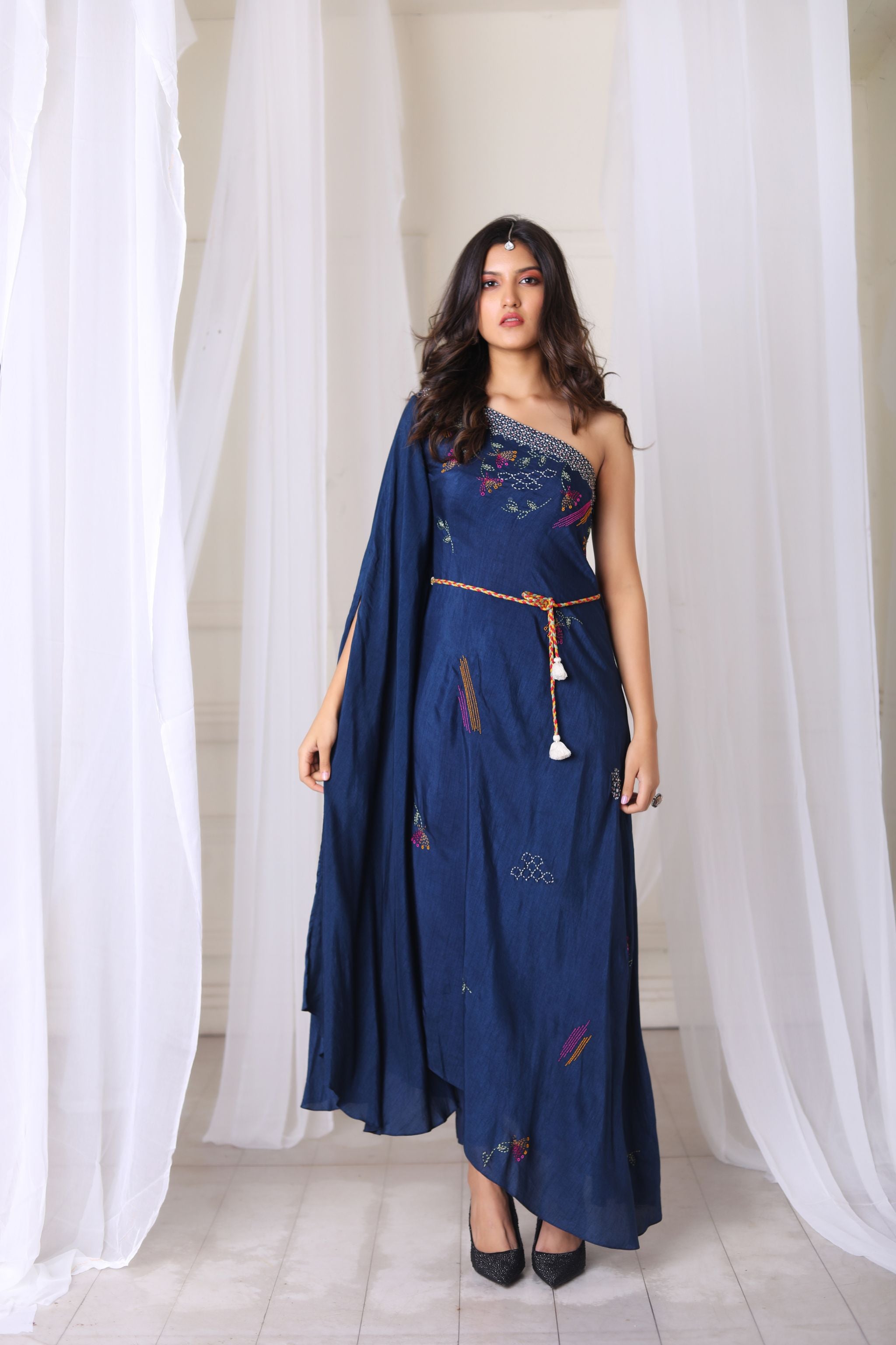 Navy Blue One Shoulder Ethnic Dress - Hand Embroidered