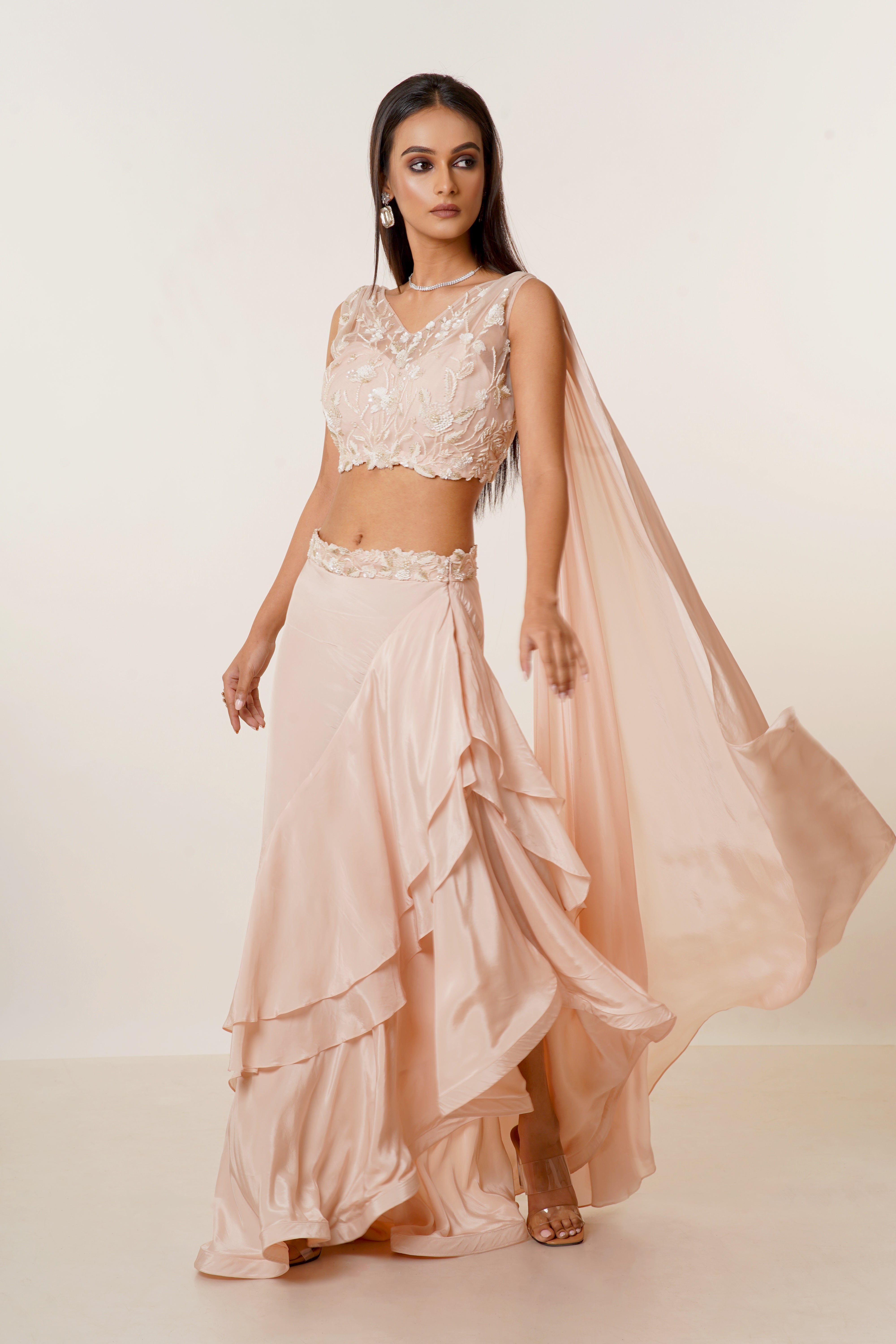 Elegant Blush Pink Drape Skirt Set Featuring Fine Hand Embroidery