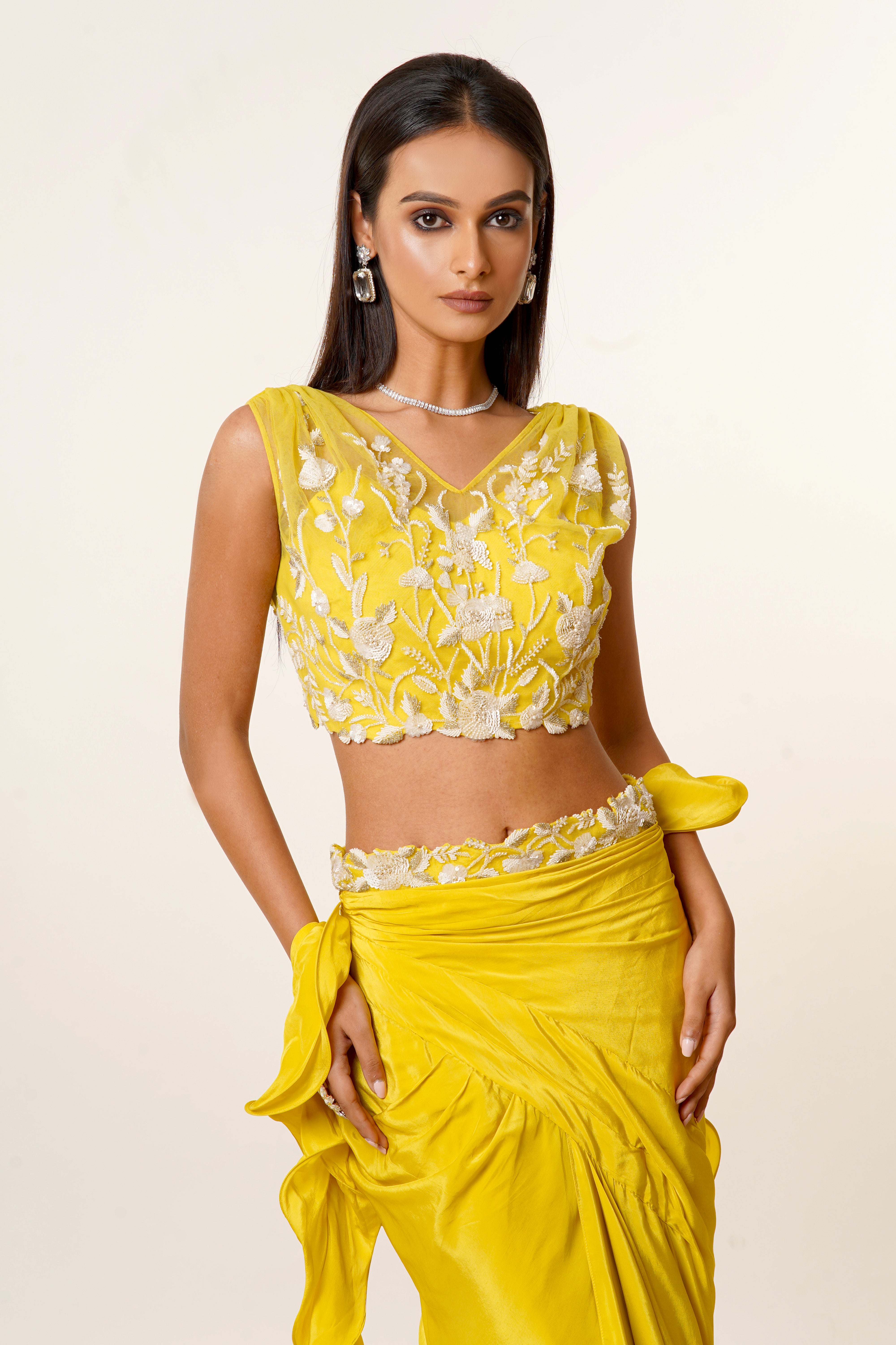 Elegant Yellow Drape Skirt Set Featuring Fine Hand Embroidery
