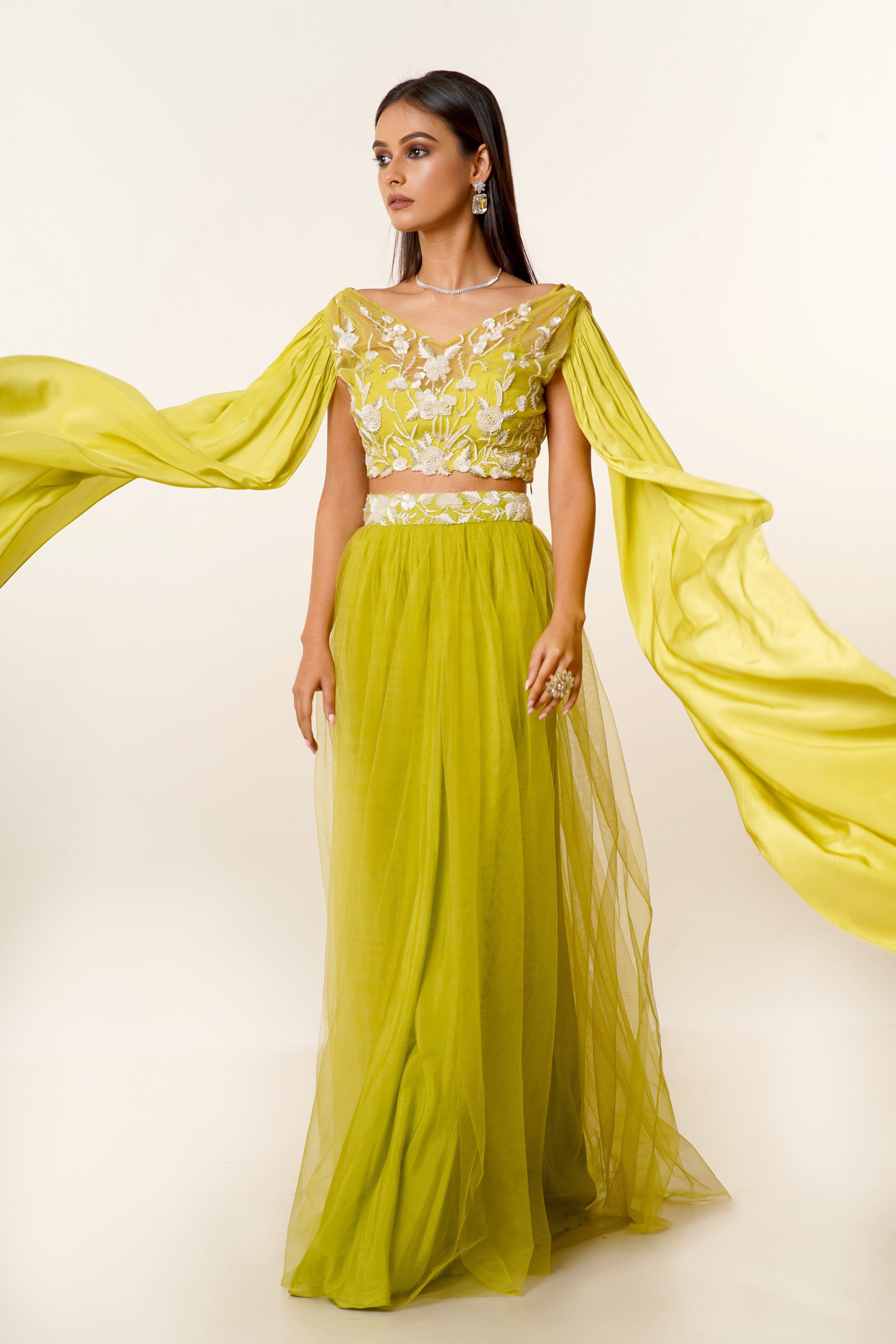 Striking Lime Green Hand Embroidered Net Blouse With Long Sleeves Paired With a Matching Net Skirt